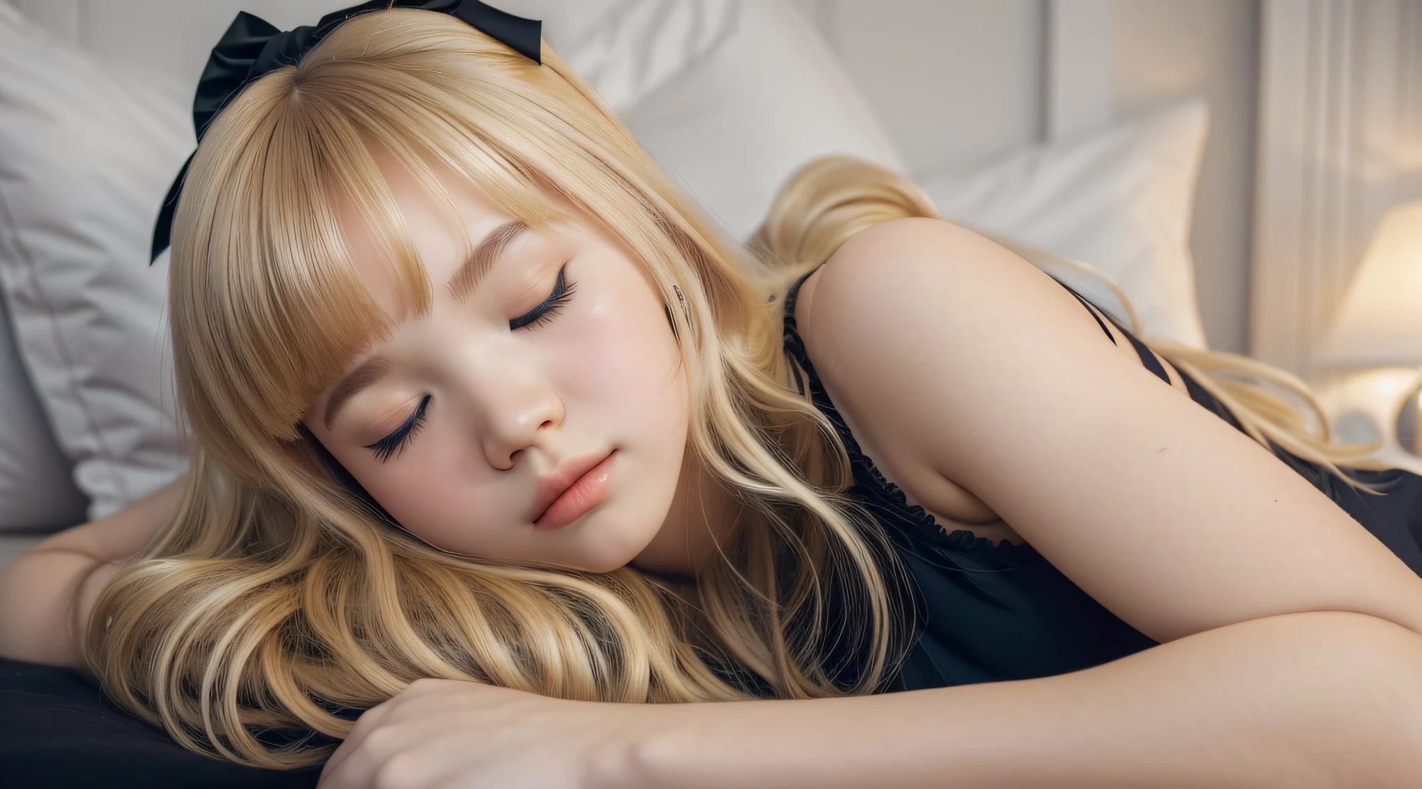 Blonde child girl with black dress and black bow lying on bed, Lalisa Manobal, sleepy model face, Lalisa Manoban of Blackpink, Belle Delphine, sleeping princess!!!!, Sleeping beauty, soft hair, beautiful languid princess, with full bangs, dreaming of kissing a girl, DDLC, cute bangs, sleepy, Sakura Kinomoto