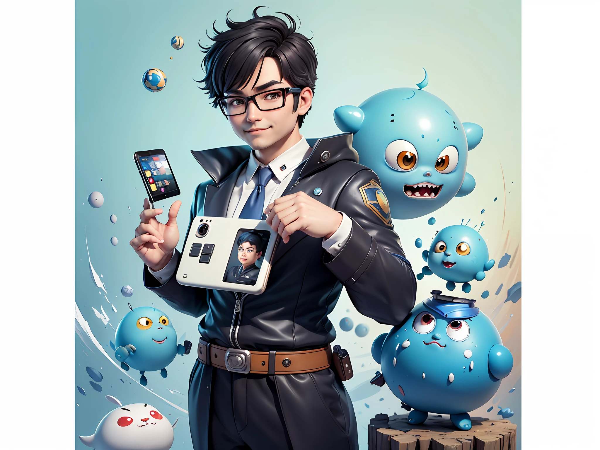 Masterpiece), (Excellent), (Super Meticulous), (Full Body: 1.2), Super Young Woman, Beautiful, Sexy, Bursting, Oriental Face, TV Anchor, Bust Portrait Illustration, Alone, Black Suit, Blue Tie, Silver Glasses, Slightly Chubby Face, Very Clean Face, No Beard, Black Super Short Hair, Black Eyes, Confident Smile, 3c Computer Sub-Products, iPad, iPhone, Digital Painting, 3D Character Design by Akira Toriyama with Mark Claireden and Pixar and Hayao Miyazaki, The illustration is a high-definition illustration in 4K resolution with very detailed facial features and cartoon-style visuals.