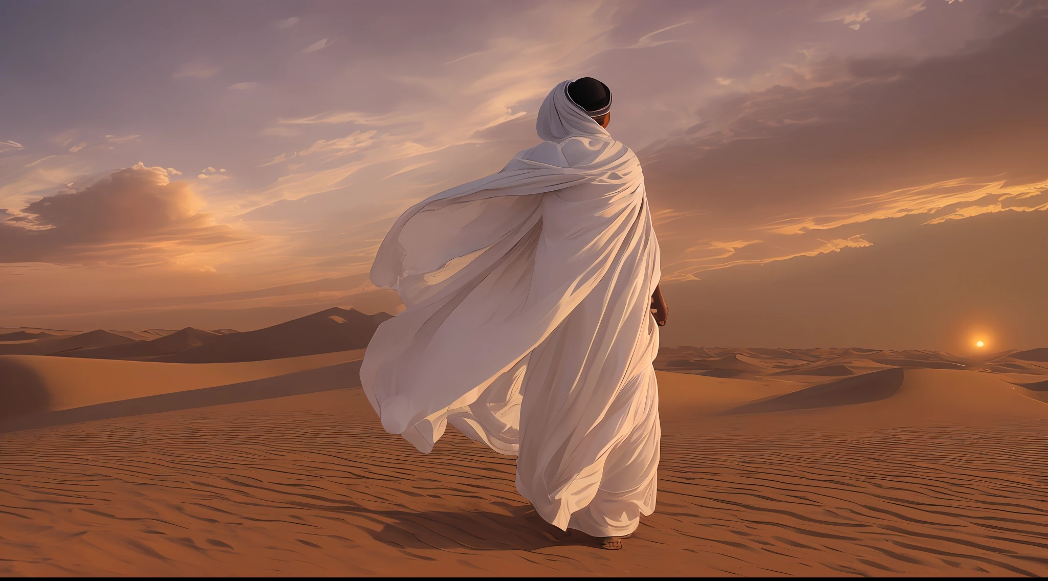 (extremely detailed CG unity 8k wallpaper,masterpiece, best quality, ultra-detailed),(best illumination, best shadow, an extremely delicate and beautiful), solitary arabian man,(tall,dark and handsome),(traditional white thobe:1.2,wind-blown,dusty),with a keffiyeh blowing in the wind,and sandals,standing atop a sand dune in the endless desert,looking out at the vast horizon,with the sun setting or rising in a blazing orange sky,with sand blowing in the wind, creating a sense of mystery and adventure.