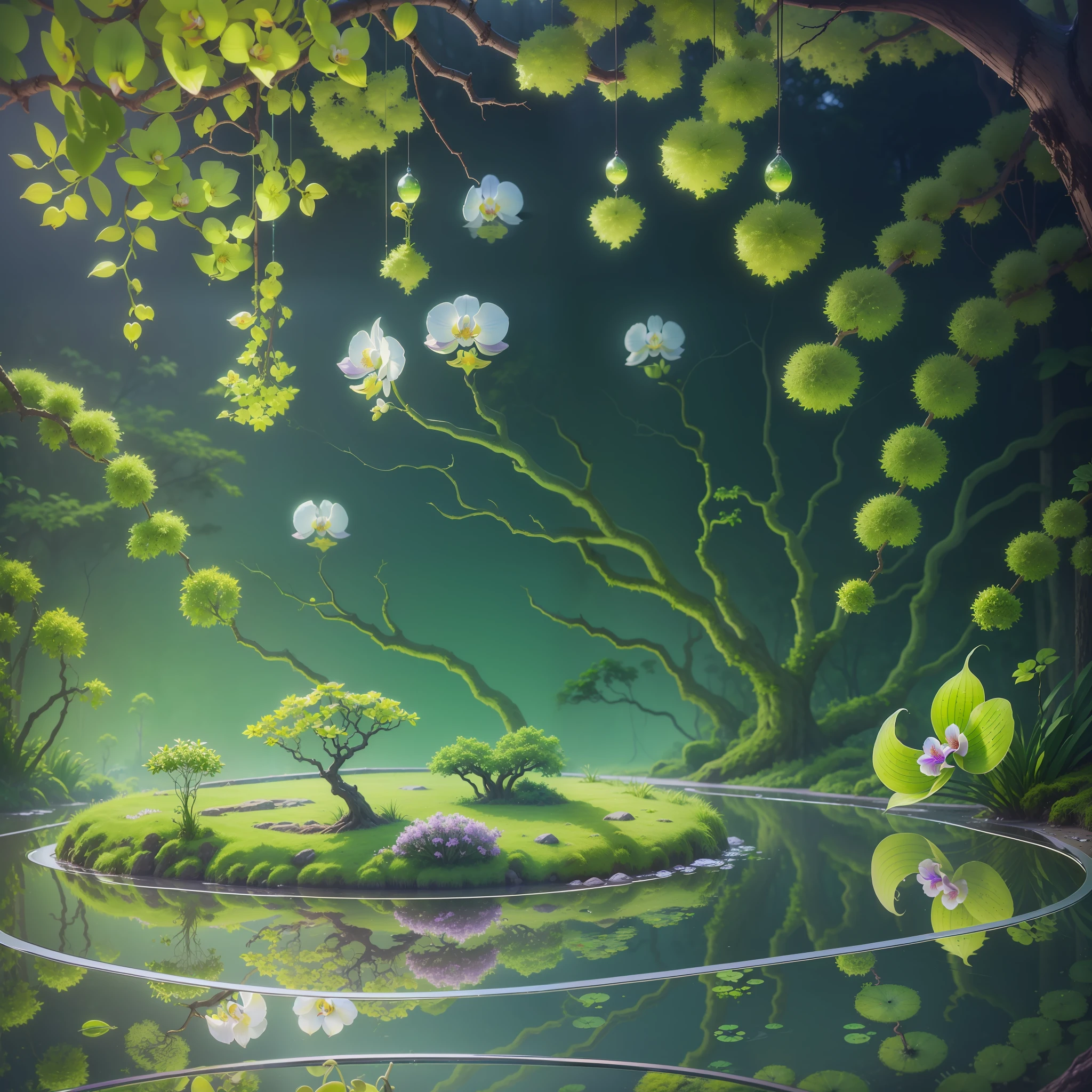 Computer Visualized Graphics, Realistic Fantasy, Extensive Landscape Ultrasound Photography (General View Showing Water, Reflection, Roots Braiding the Glass, Orchid Inside, Tree, Moss), Blurred Background, Gloomy, Yellow, Green, Purple Background, Pink, Warm, Magic --auto --s2