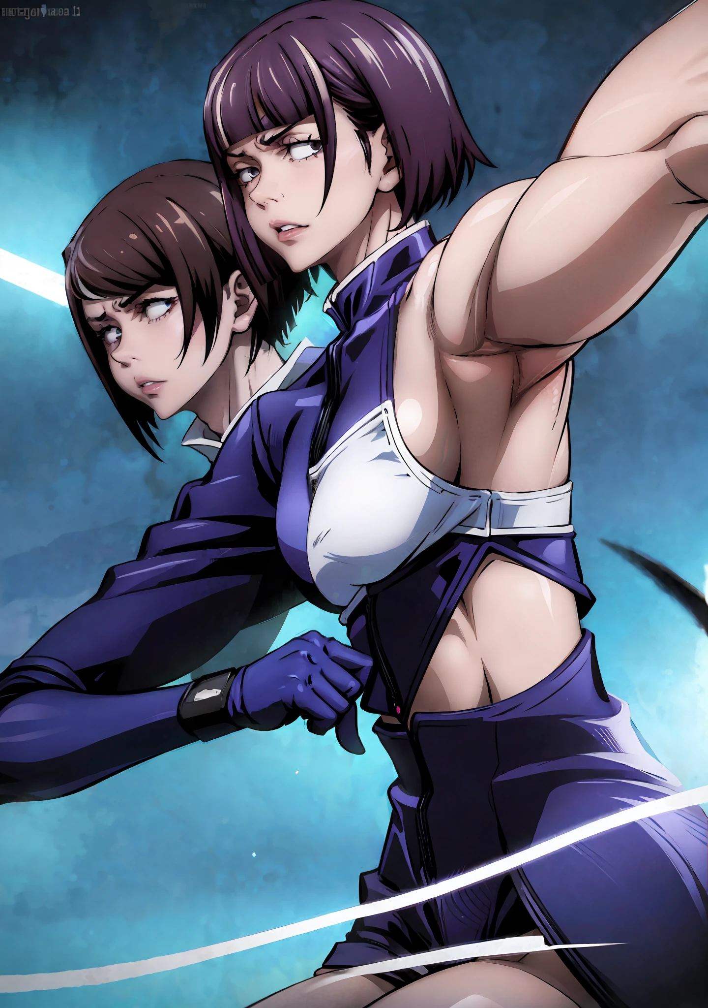 Nobara Kugisaki in calvin klein outfit, Nobara Kugisaki, Nobara Kugisaki from Jujutsu Kaisen, costume: calvin klein outfit, sportswear, leggings, sports bra, holanders angle, full body,seductive anime girl, Joy Ride art style, cat eyes, fit body, gynoid body, perfect body, big breasts, Ilya Kuvshinov, Anime Moe Artstyle,gym, realistic bikini,