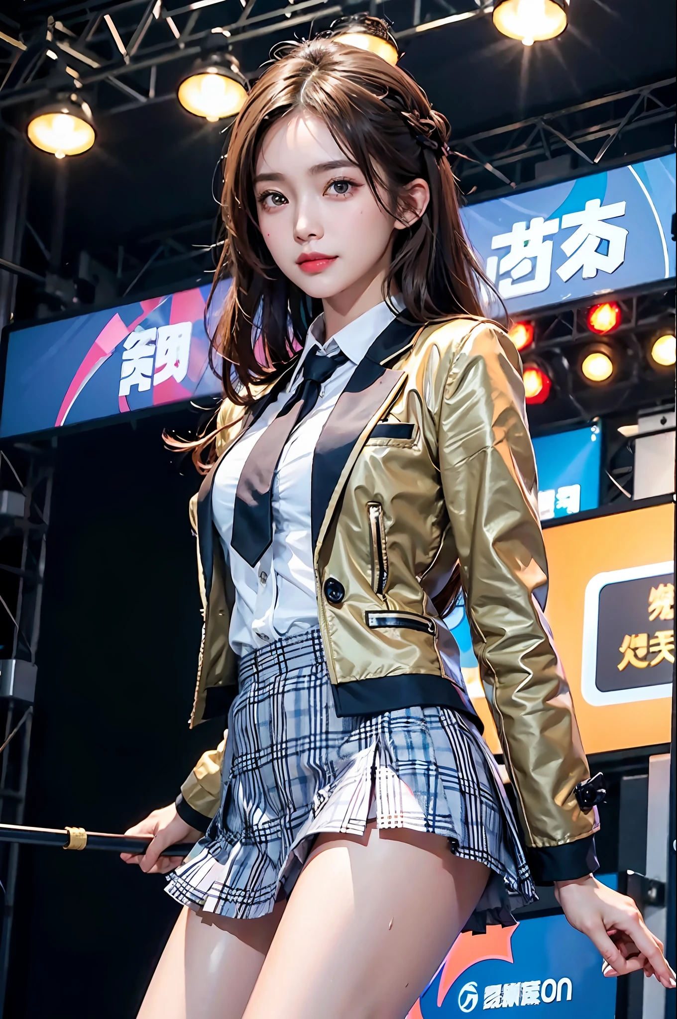Masterpiece, best picture quality, one beautiful girl, detailed eyes, swollen eyes, brown hair, long hair, fair skin, cute, cute legs, short skirt, Japanese woman, Asian beauty, moonlight, strong eyes, professional lighting, bright lighting, double eyelids, slender, Japanese woman, Asian beauty, idol, checked jacket, checked short skirt, ribbon shaped tie, smile, sweat, fresh, live stage,
