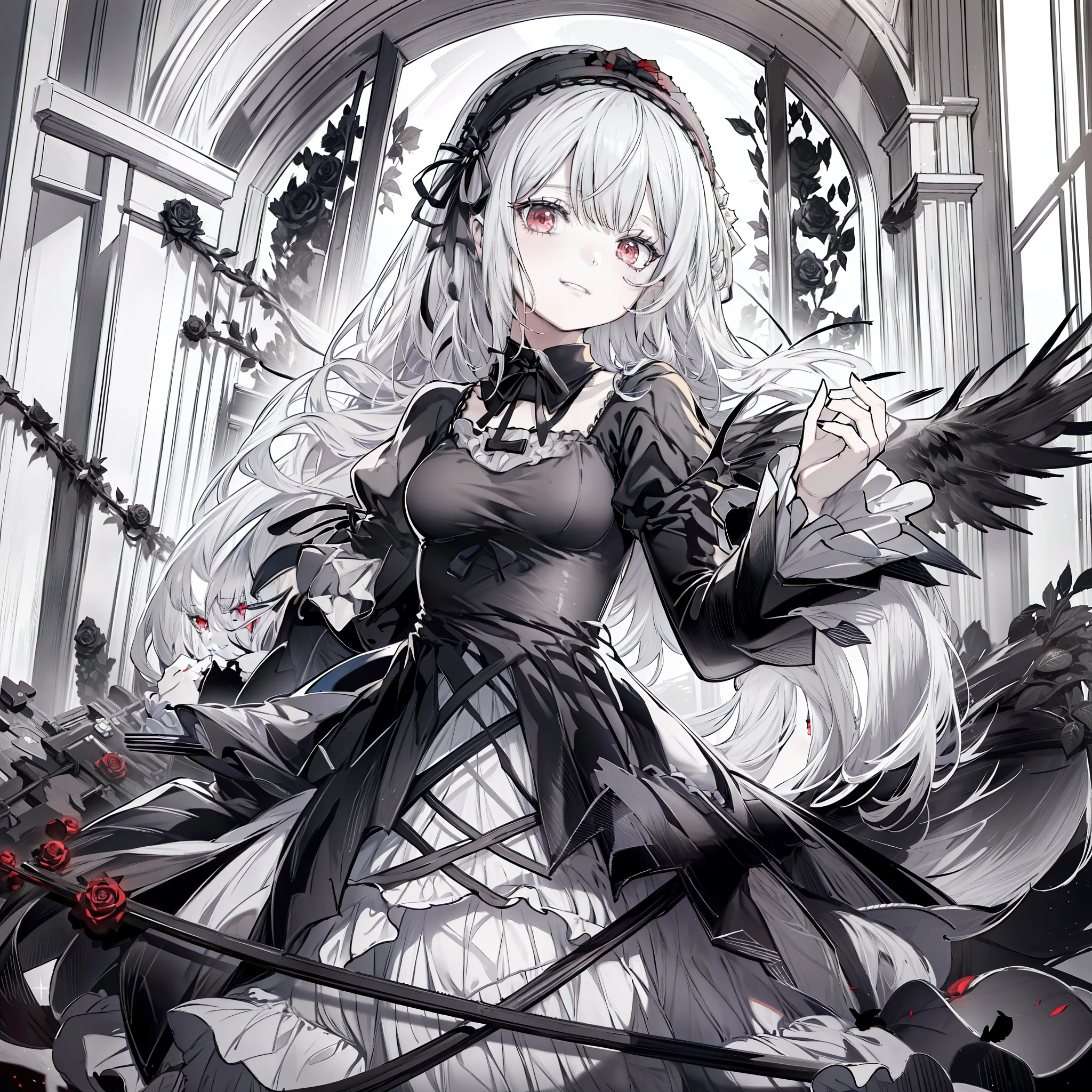 masterpiece, best quality, highres, sui1, 1girl, solo, suigintou, red eyes, long hair, gothic dress, white hair, rose hair ornament, long sleeves, gothic hairband, ribbon, black dress, black wings, cowboy shot, command spell, black magic, black circle,([grinning evily]), church, etching