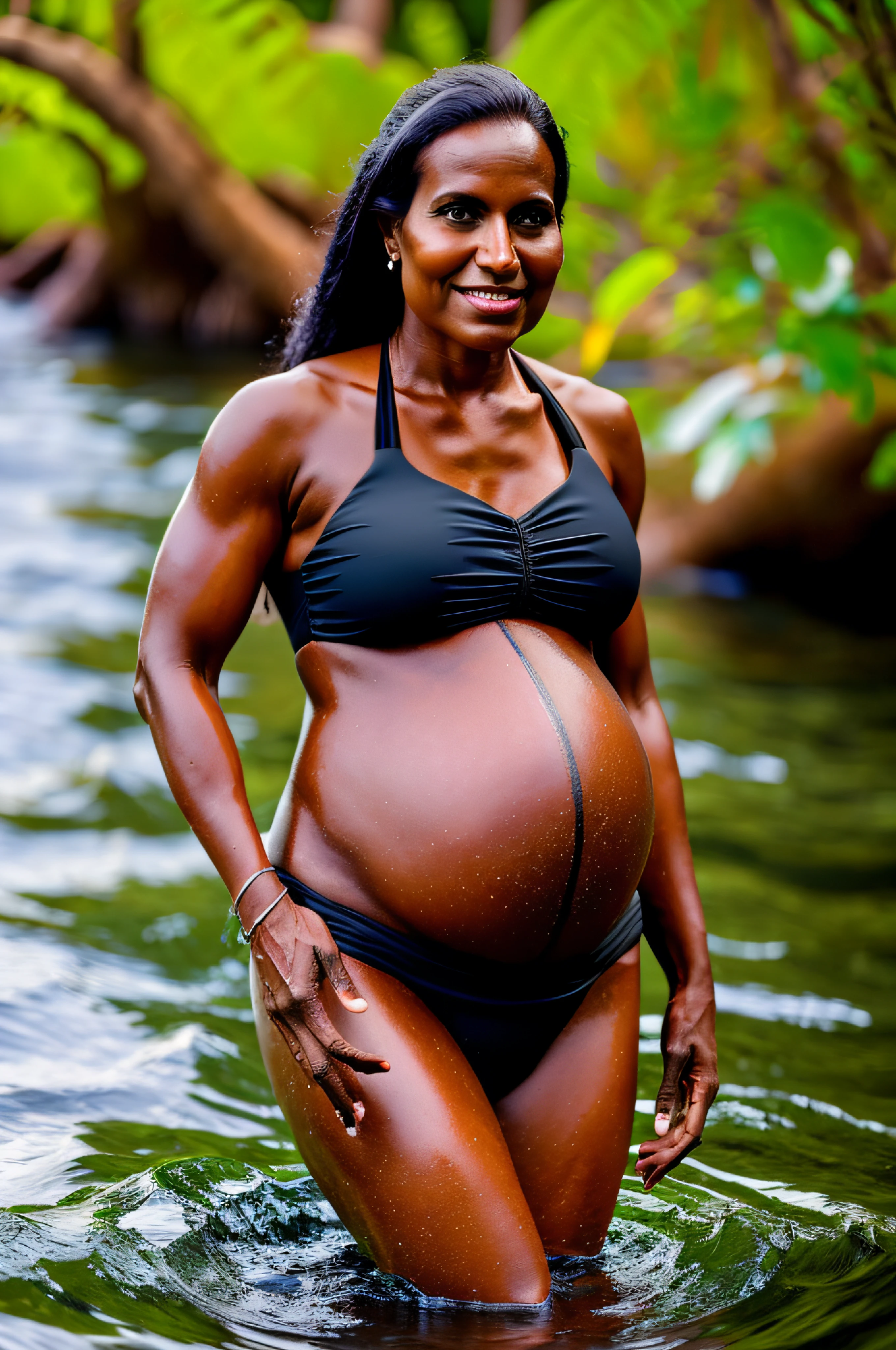 muscular indigenous pregnant wearing black bikini in the amazon river, high level of realism, 4K-UHD, well proportionate body