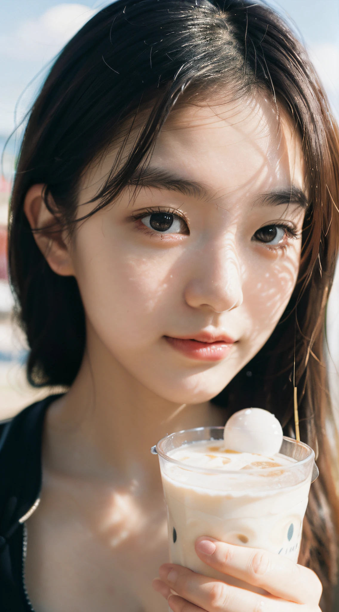 Best Quality, Masterpiece, Ultra High Resolution, (Realistic: 1.4), Original Photo, Wallpaper, Head Photo, Skin, Simple Background, Black Eyes, Detail, Selfie, 1 Girl, 18 Years Old, Breeze, Sunshine, Milk Tea,