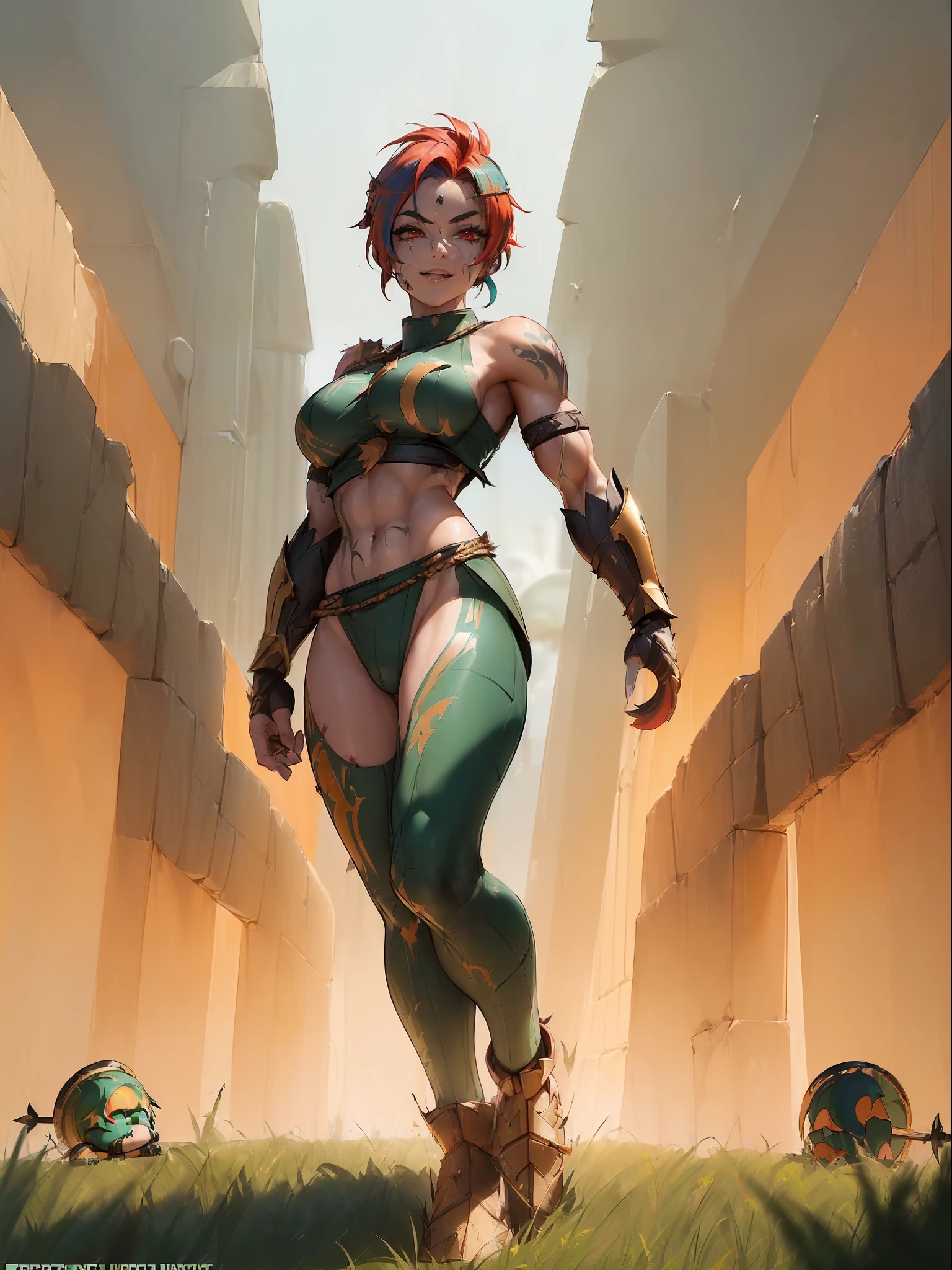 ((Full body. standing):2) (({Only 1/Female}):2):{((wearing extremely sexual Spartan warrior costume, short and tight on her body):1.5), ((extremely large breasts ):1.5), ((red mohawk hair, red eyes):1.5) ((tattoos all over body, blood running down body, looking at viewer, seductive smile):1.5), ((striking erotic poses):1.5) }; {((Background: Spartan city in ancient Greece crowded with Spartan warriors, with different colored hair style, Spartan army attire):1.5)}, Hyperrealism, 16k, ((best quality, high details): 1.4), anatomically correct , masterpiece, UHD