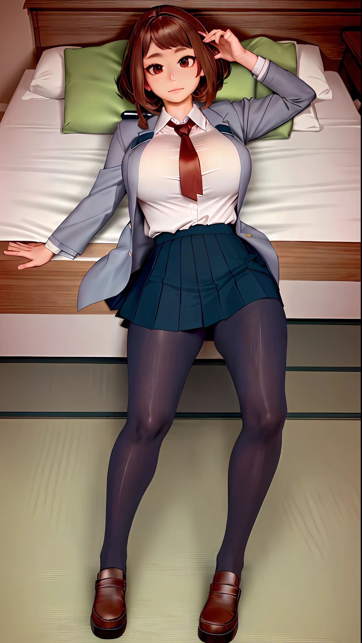 1 Anime girl in school suit, (Japanese school uniform), beautiful face, (big tits, perfect body) (masterpiece, extremely detailed, excellent quality), (lying on a bed with btazos up, open shirt),