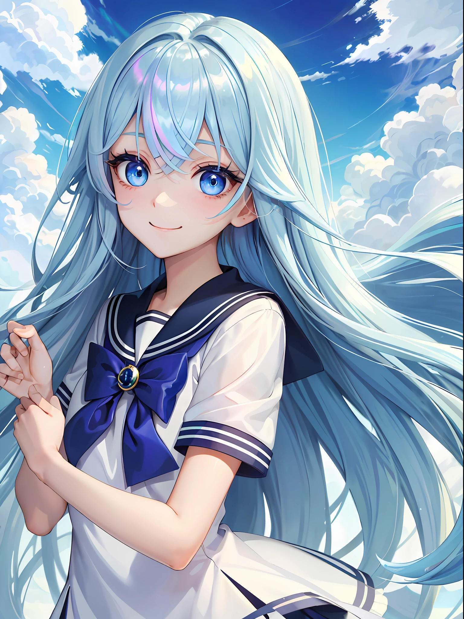 (masterpiece, best quality, super detail, break,, iridescent hair, big eyes, blue eyes, eyelashes long eyes,, break, hot, break,sailor suit, break, short sleeve, break, clouds, break, smile,