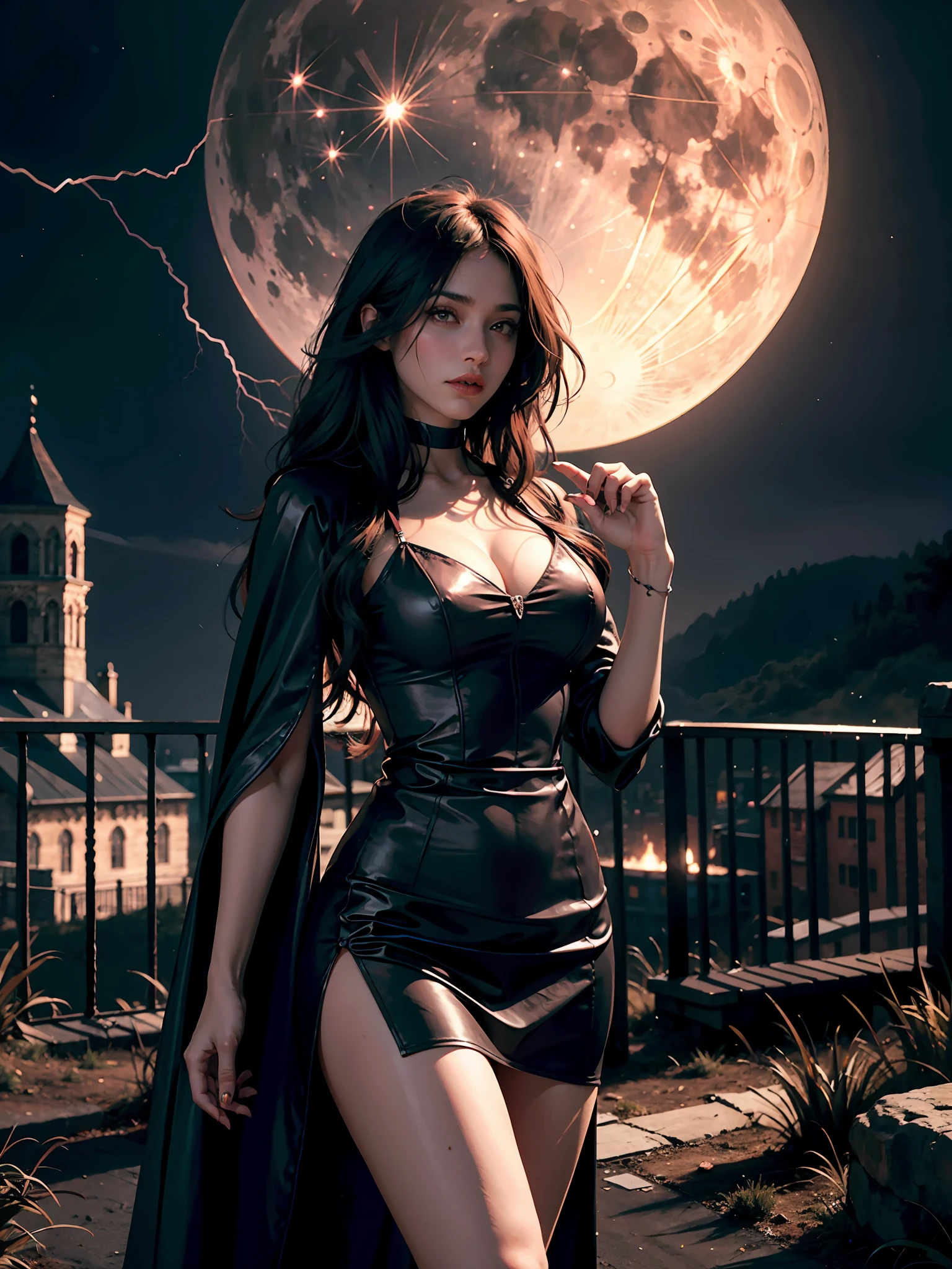 Fit for a werewolf romance book. Gothic theme. Hyper realistic. Super detailed. Quality 8k. Full moon. Castle. Lightning and thunder and full moon. Masterpiece. Realistic.