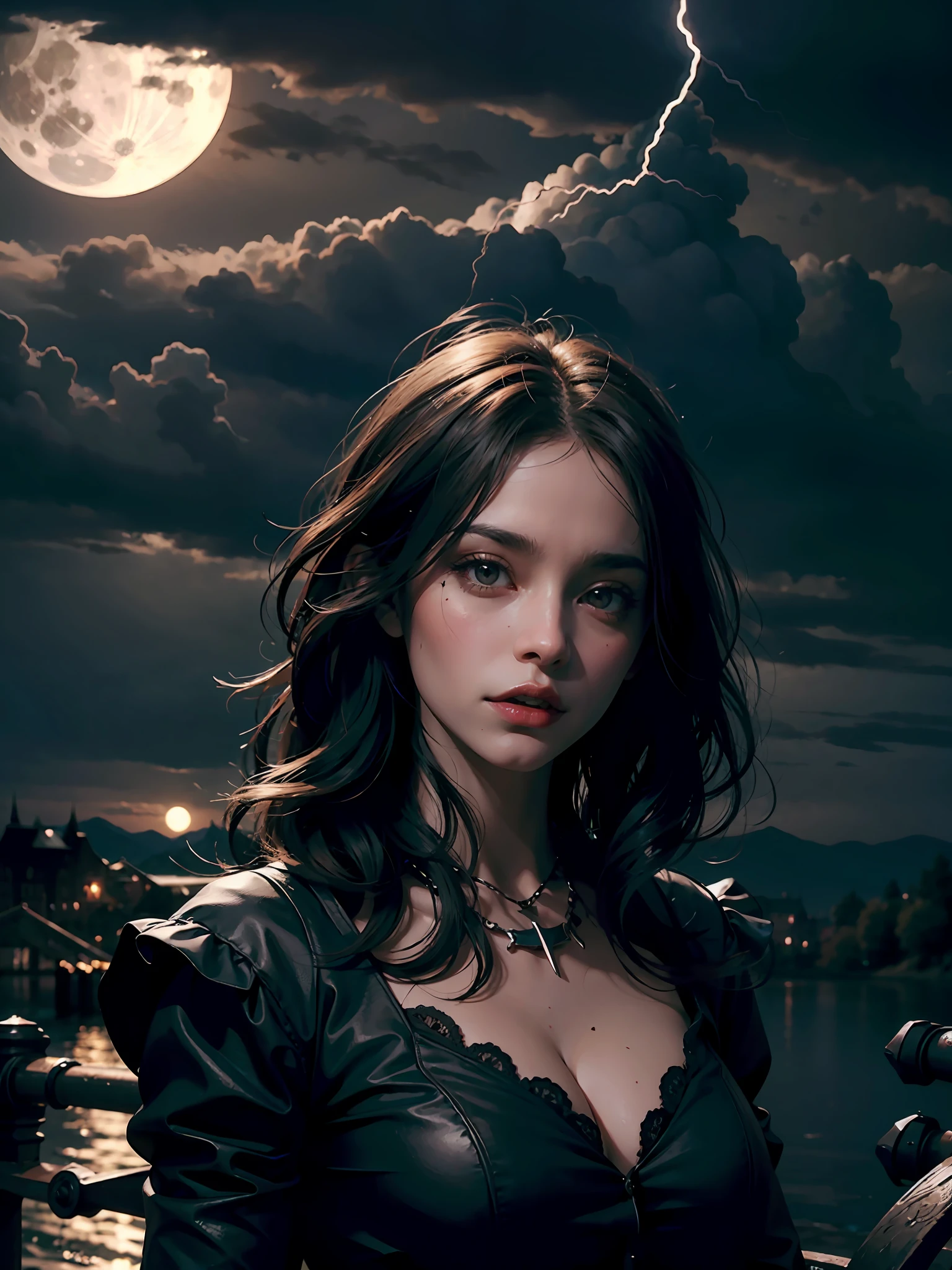 Fit for a werewolf romance book. Gothic theme. Hyper realistic. Super detailed. Quality 8k. Full moon. Castle. Lightning and thunder and full moon. Masterpiece. Realistic.