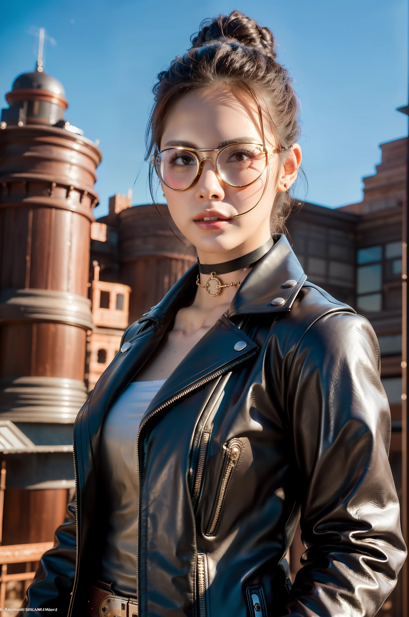 (a detailed portrait RAW photo of a gorgeous beautiful ((Finnish)) , realistic, solo, front view,POV,looking in camera, flirting with the camera, (masterpiece),(photorealistic:1.3), nfsw, ultra-detailed, (high detailed skin:1.2),(best quality:1.0), (ultra highres:1.0),(by samdoesart, by Antonio J. Manzanedo), fit, back light, GOLDEN HOUR, petite, choker, slim, choker, beautiful, Wearing a stylish leather jacket with intricate gears and goggles,
Hair styled in a voluminous updo with gears and cogs as accessories,
Accessorized with leather gloves and a utility belt with various gadgets,
Posing with one foot on the edge of an airship, looking off into the distance,
Captured from an above view angle,
The scene set in a steampunk-inspired sky filled with floating islands and mechanical contraptions.