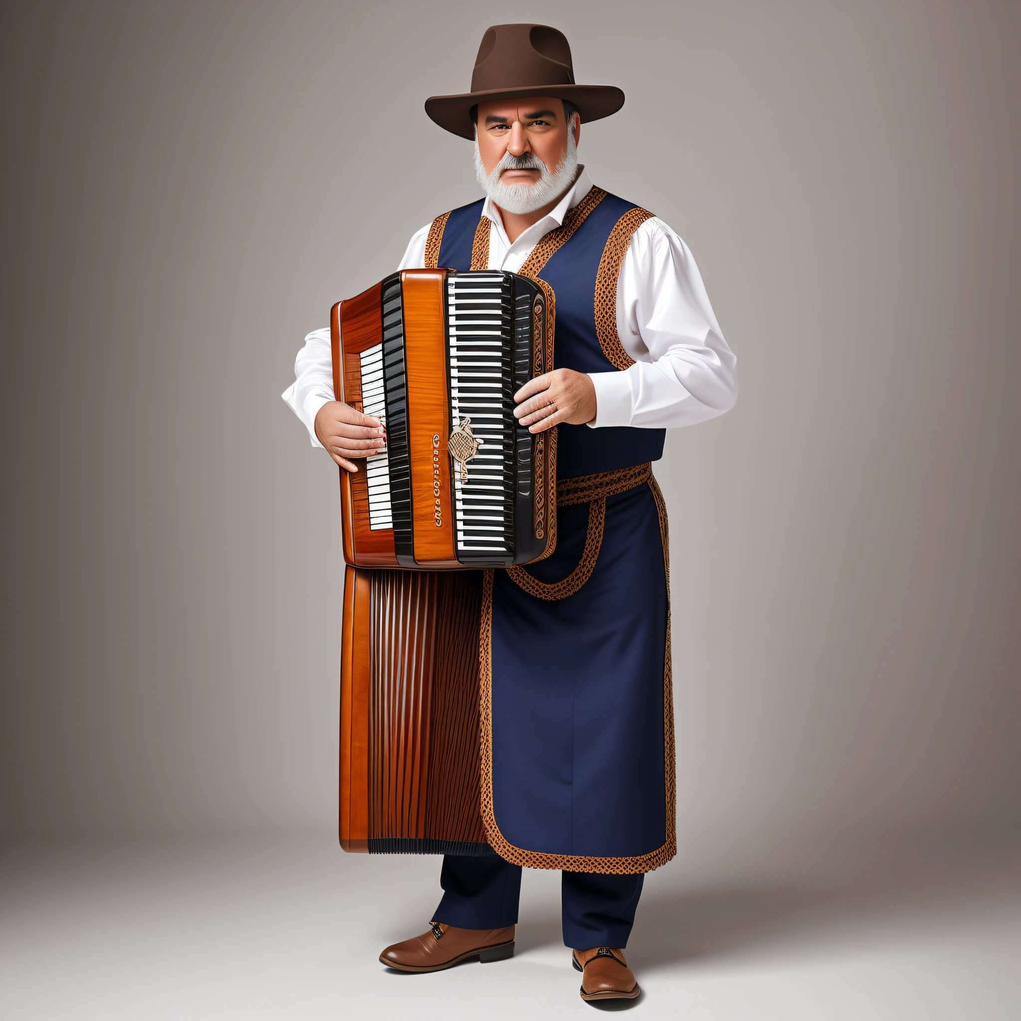 Middle-aged man, in gaucho clothes, playing accordion, full body, standing, absolute white background --auto --s2