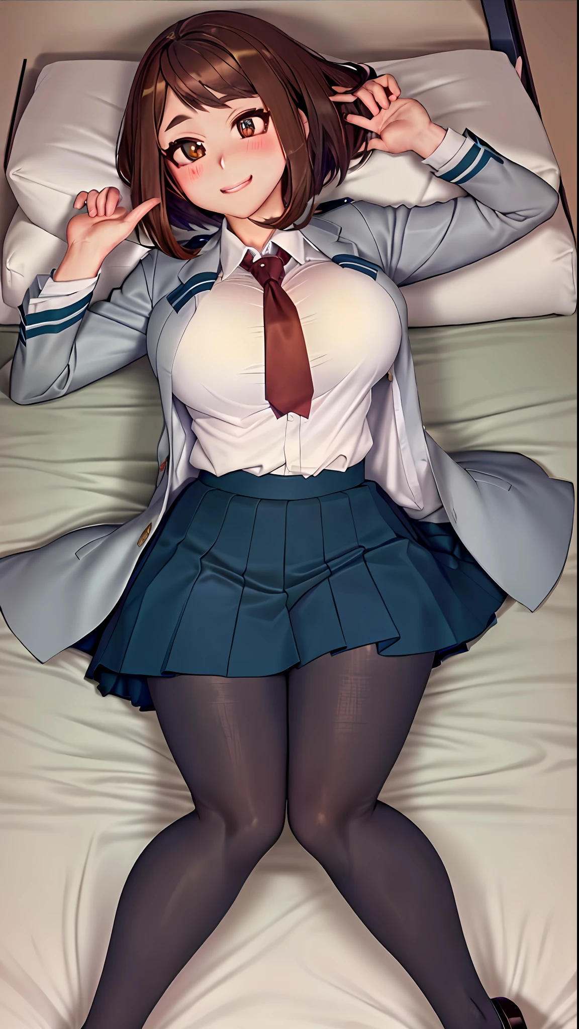 1 Anime girl in school suit, (Japanese school uniform), beautiful face, (big tits, perfect body) (masterpiece, extremely detailed, excellent quality), (lying on a bed with btazos up, open shirt),