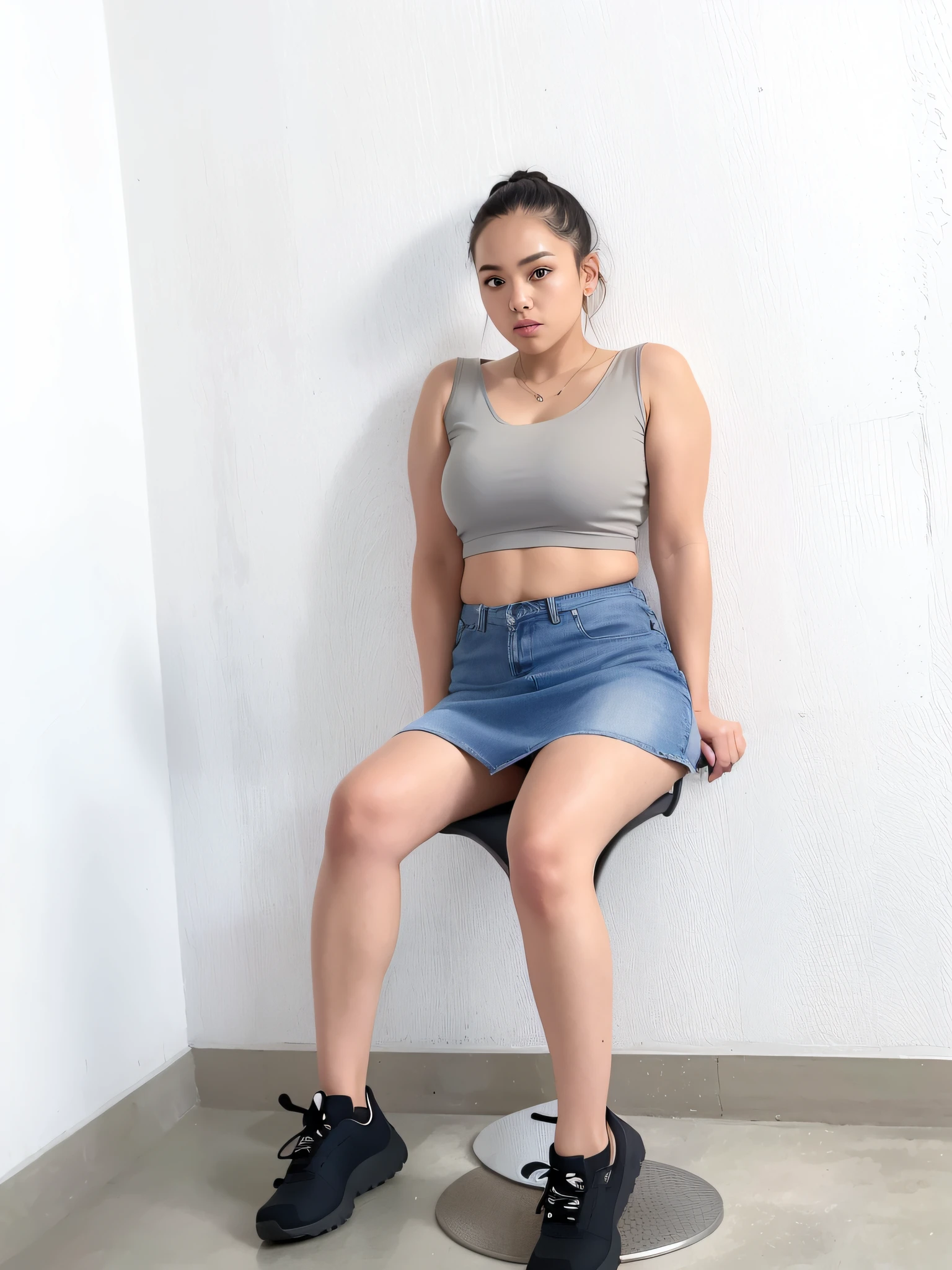 there is a woman sitting on a chair with a pair of shoes, wearing a tanktop and skirt, wearing crop top and miniskirt, wearing a sexy cropped top, short skirt, grey skirt, wearing crop top, wearing tight simple clothes, sitting pose, thicc, the extremely hot and sexy, beautiful short skirt, sitting on bent knees