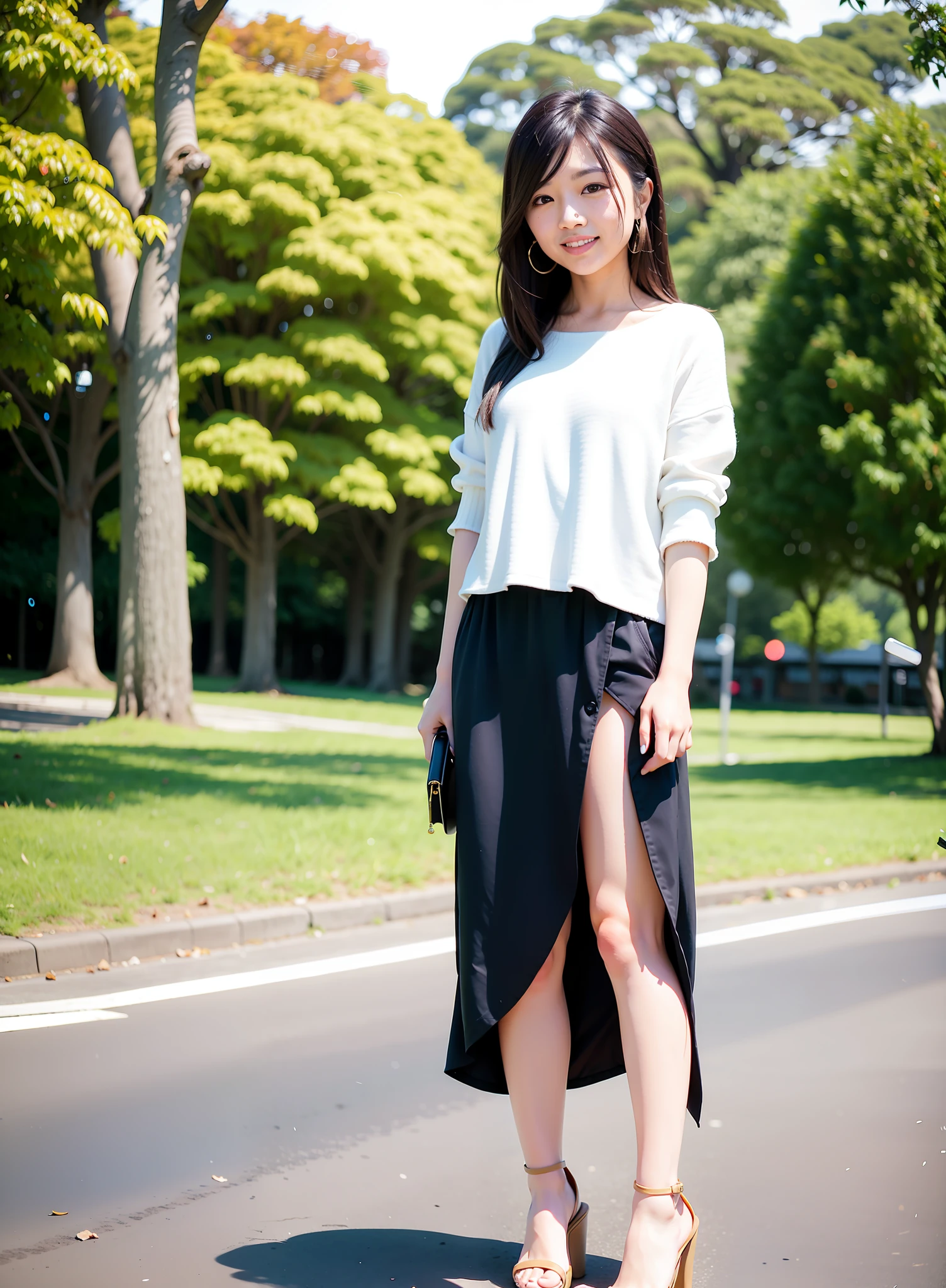 Asian woman with brown hair, very fashionable with casual clothes, in the park, enjoying natural beauty