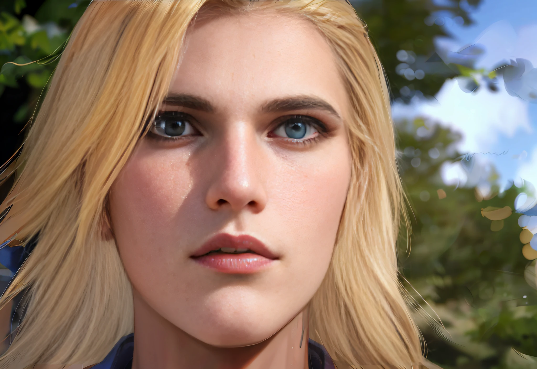 blond woman with blue eyes and a blue shirt staring at the camera, jaina proudmoore, ciri, annabeth chase, character close up, artgerm ; 3d unreal engine, detailed unblurred face, ultra-realistic graphics, 4k photorealism, 4 k photorealism, cinematic close-up bust shot, 64 bit realistic painting