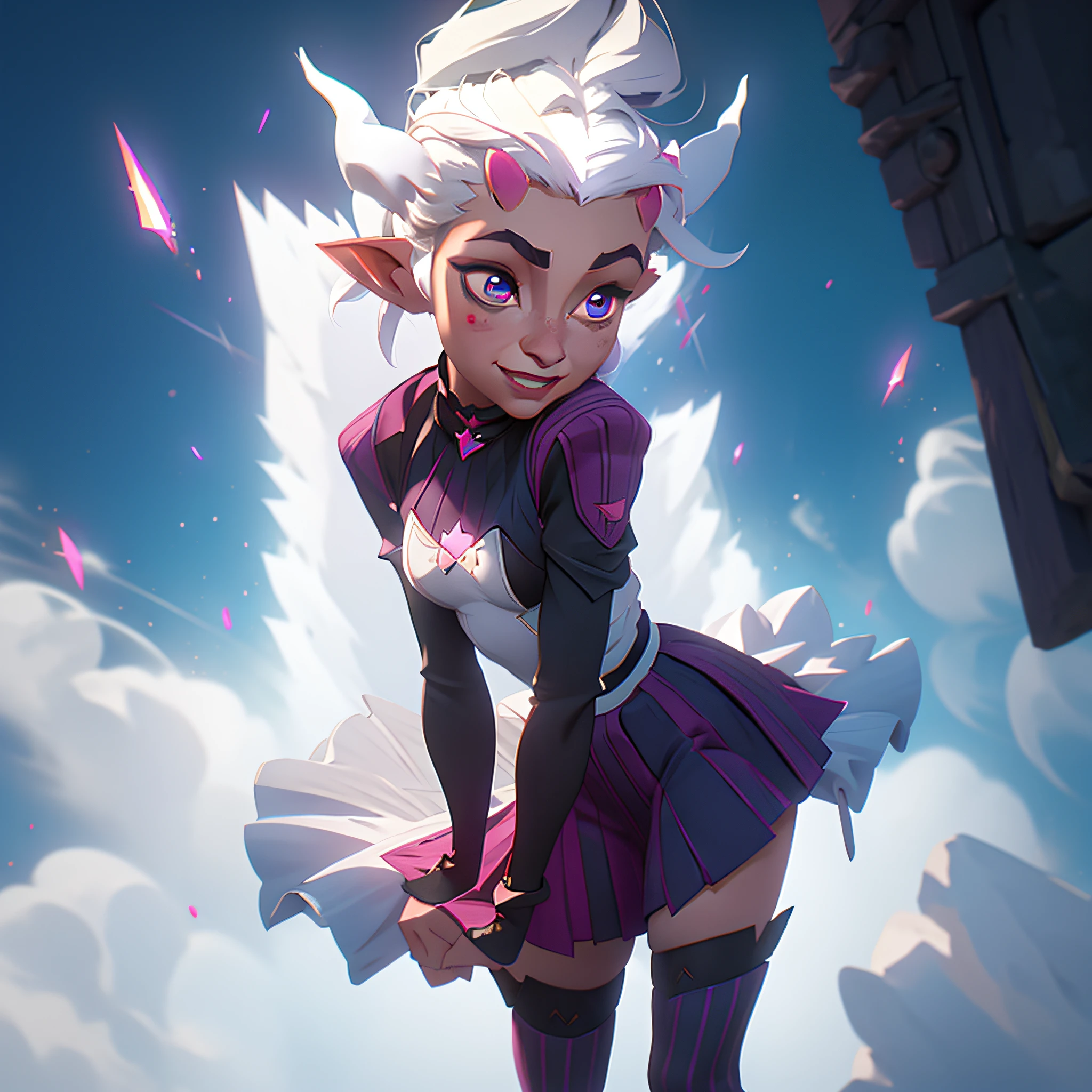 Young elf menida with horns, white hair and spiky split in the shape of wings, 2 small horns on the forehead, wearing a dark blue uniform, dark blue skirt with ruffles, pink tie, long and striped pink stockings, short black boot, dark gray skin, red eye, cute, smiling, big eyes, small breasts, galaxy background