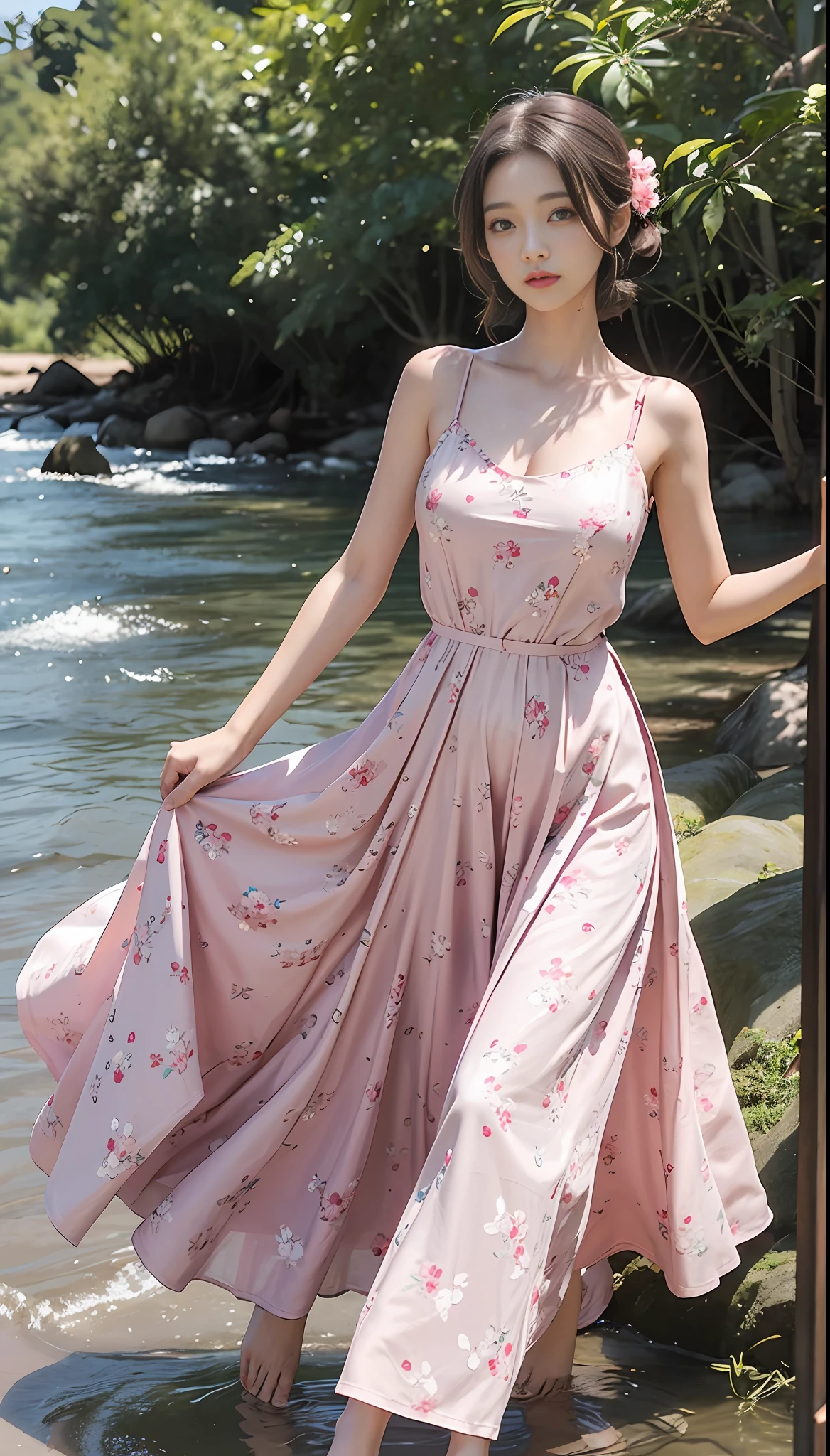 Girl in pink floral long dress dancing under the tree, full body, with cut T-shirt, bra, slim figure, (hairstyle casual, no leakage big breasts: 1.3), slim girl model, 28 years old female model, beautiful twins, next to a small river, 4K, 8K, super clear picture quality, super real