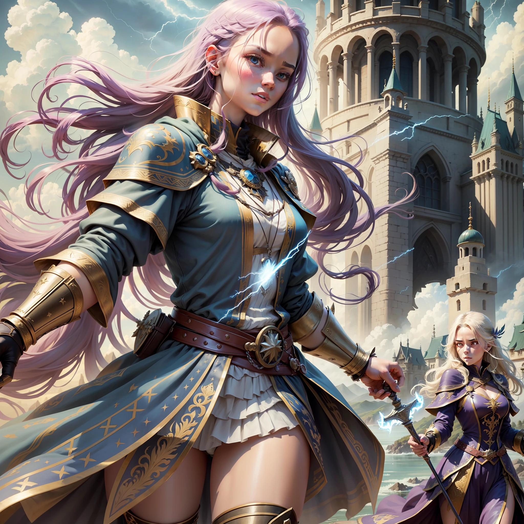 Step 1 - Scene: This is a magical scene with multiple characters in it. The scene features magnificent epic cinematic style buildings and landscapes, including towers, city walls, bridges, meadows, and lakes. There are mysterious clouds and lightning in the sky, as well as the flow and flickering of magical energy.
Step 2 - Labels (relational, noun, verb):
Characters: Many people, male, female, elderly, young
Clothing: magical decorations, ancient costumes, armor, robes, cloaks, boots
Architecture: walls, towers, bridges, palaces, shrines, meadows, lakes
Sky: Clouds, lightning, magical energy
Items: magic staffs, swords, bows and arrows, shields, magic crystals, books
Actions: casting, fighting, running, jumping, flying, resting, talking, thinking, observing
Step 3 - tag:
Characters: Multiple characters, male, female, elderly, young
Clothing: magical decoration, ancient attire, armor, --auto --s2