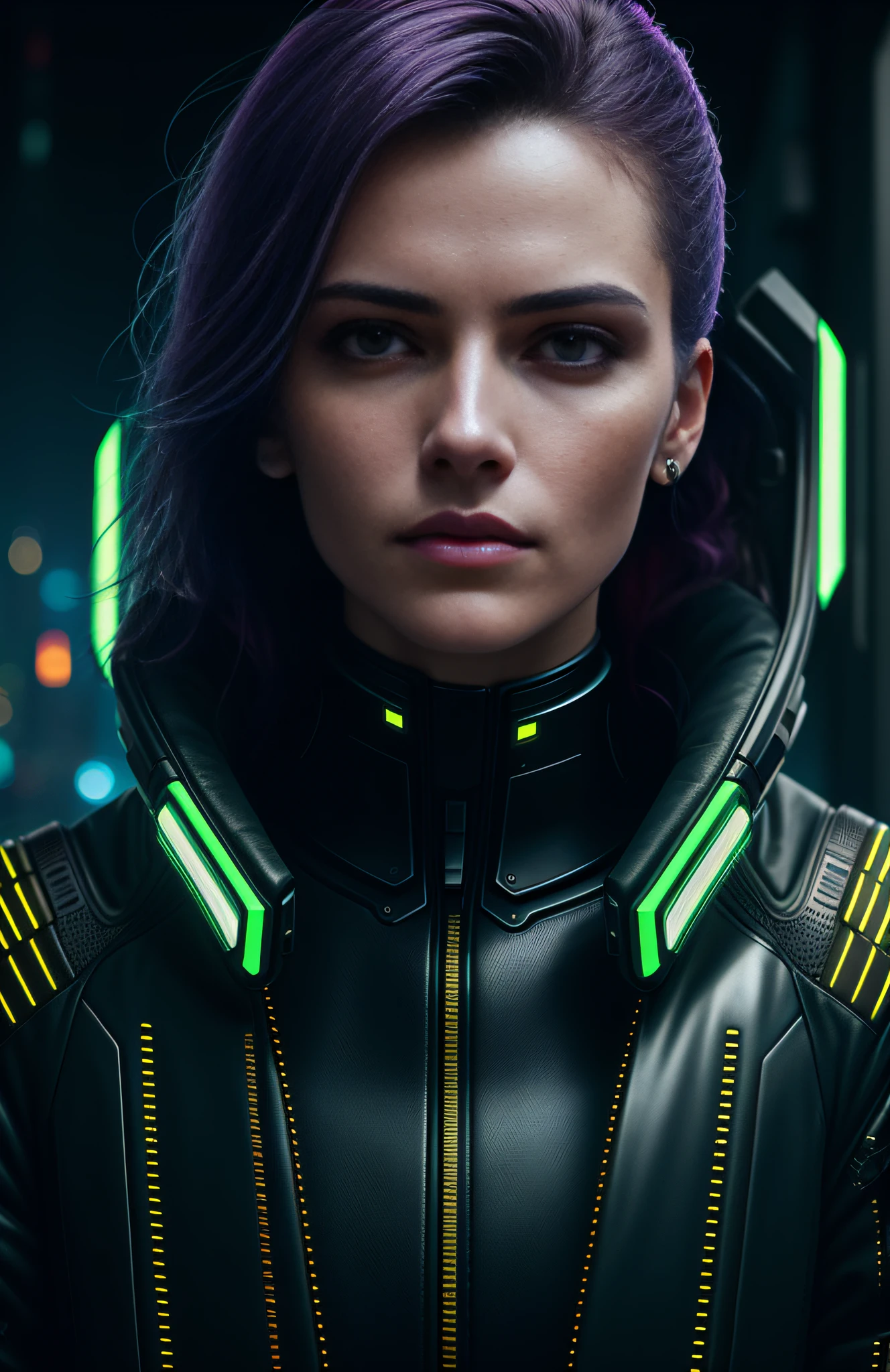 cyberpunk portrait photography, beautiful young woman looking off camera in glowing futuristic jacket, super realistic face, eyes visible through hair, proper eye position, natural skin, soft light, rim light, hips, in road side, detailed background, intricate , highly detail, octane render, HD, 8k, by Annie Leibovitz,120mm