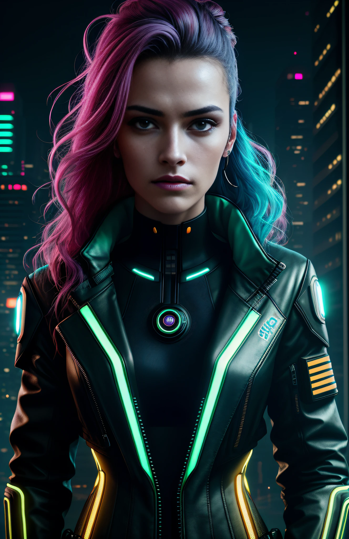 cyberpunk portrait photography, beautiful young woman looking off camera in glowing futuristic jacket, super realistic face, eyes visible through hair, proper eye position, natural skin, soft light, rim light, hips, in road side, detailed background, intricate , highly detail, octane render, HD, 8k, by Annie Leibovitz,120mm