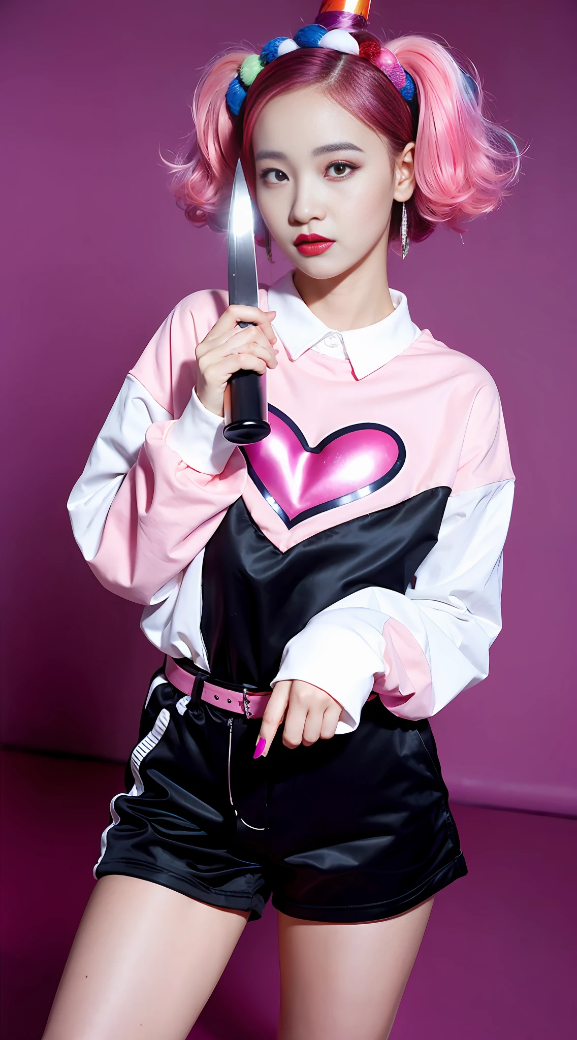 clown makeup, harlequin, , holding a knife, roller skates, pink hair color, background neon street,