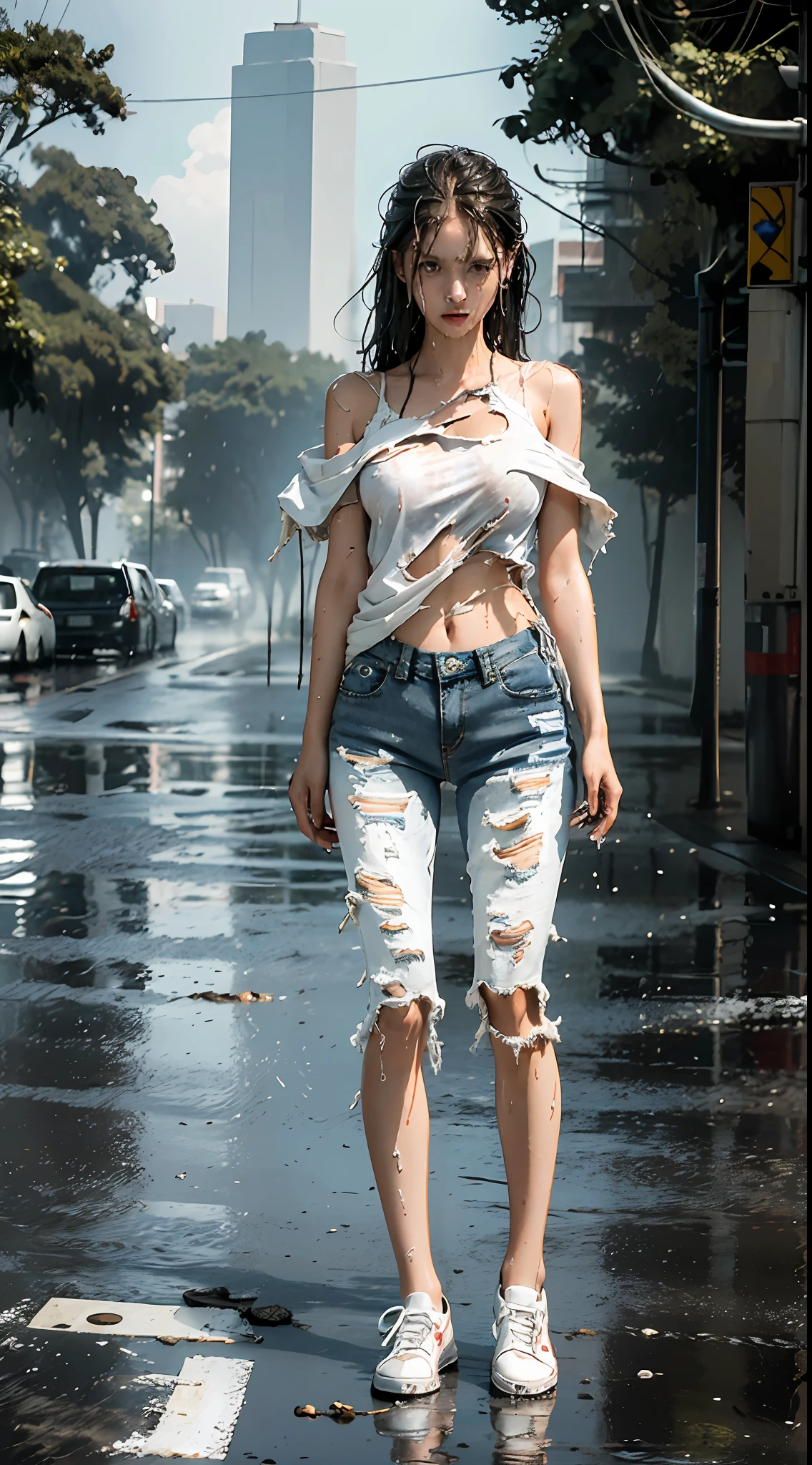 best image quality, masterpiece, super high resolution, (fidelity:1.4), photo, 1 girl, white shirt, torn jeans, white sneakers, dim, darkness, despair, pity, poor, movie, tears, teardrops, (torn clothes:1.5), (wet clothes:1.4), bare shoulders, real rain, wet hair,..