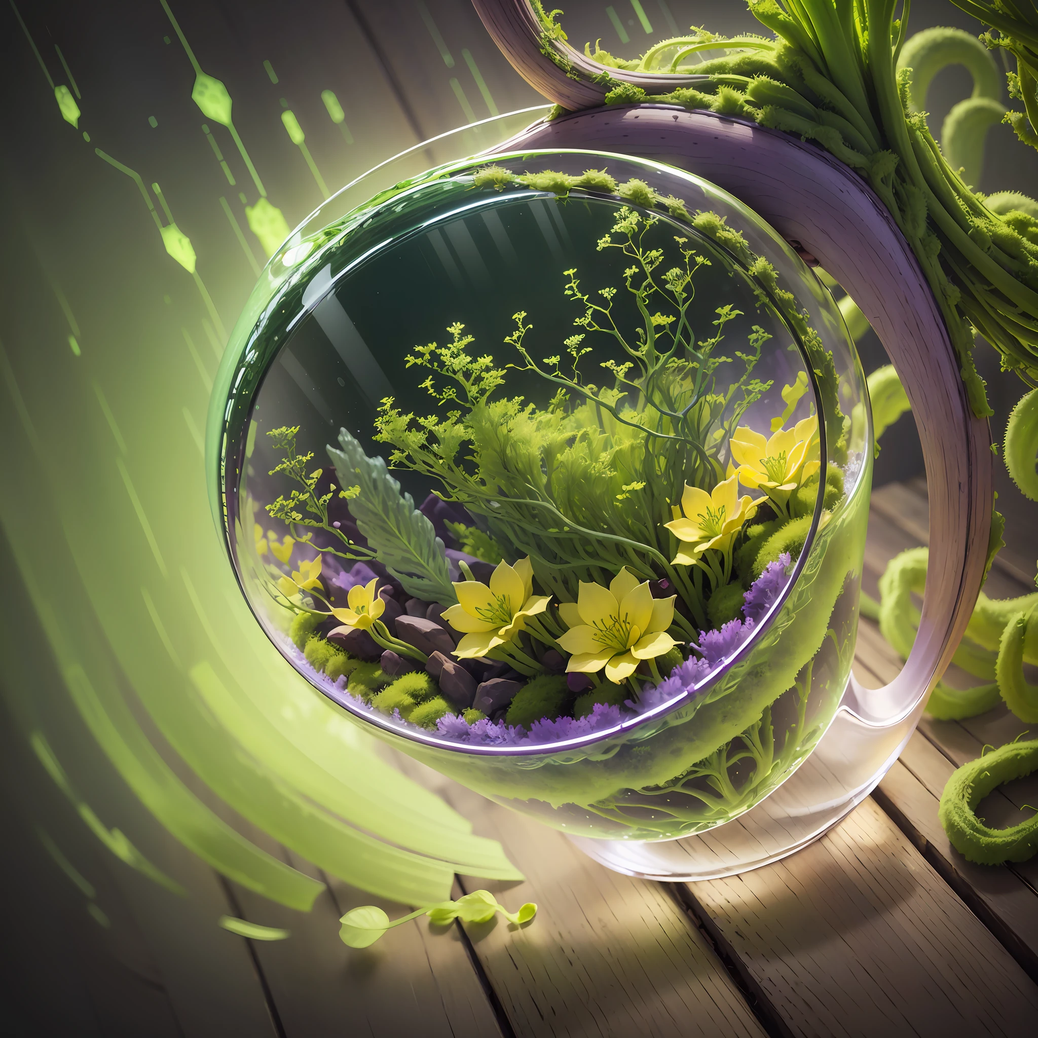 Computer Visualized Graphics, Realistic Fantasy, Extensive Landscape Ultrasound Photography (general view showing a glass glass, roots braiding the glass, sansevierias inside, wood, moss), blurred background, gloomy, yellow, green, purple background, pink, warm, magic --auto --s2