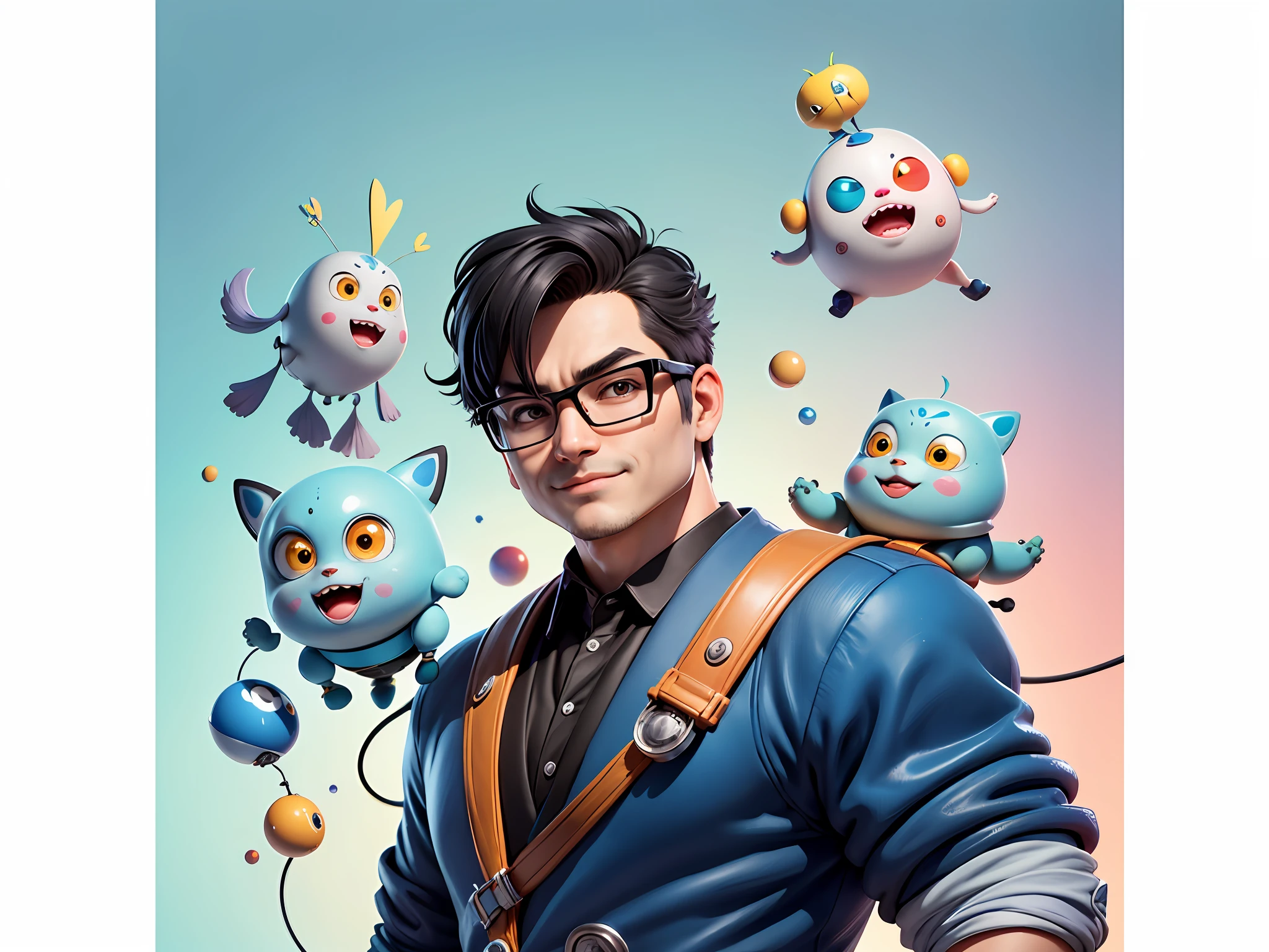Masterpiece), (Excellent), (Super Meticulous), (Full Body: 1.2), Super Young Woman, Beautiful, Sexy, Bursting, Oriental Face, TV Anchor, Bust Portrait Illustration, Alone, Black Suit, Blue Tie, Silver Glasses, Slightly Chubby Face, Very Clean Face, No Beard, Black Super Short Hair, Black Eyes, Confident Smile, 3c Computer Sub-Products, iPad, iPhone, Digital Painting, 3D Character Design by Akira Toriyama with Mark Claireden and Pixar and Hayao Miyazaki, The illustration is a high-definition illustration in 4K resolution with very detailed facial features and cartoon-style visuals.