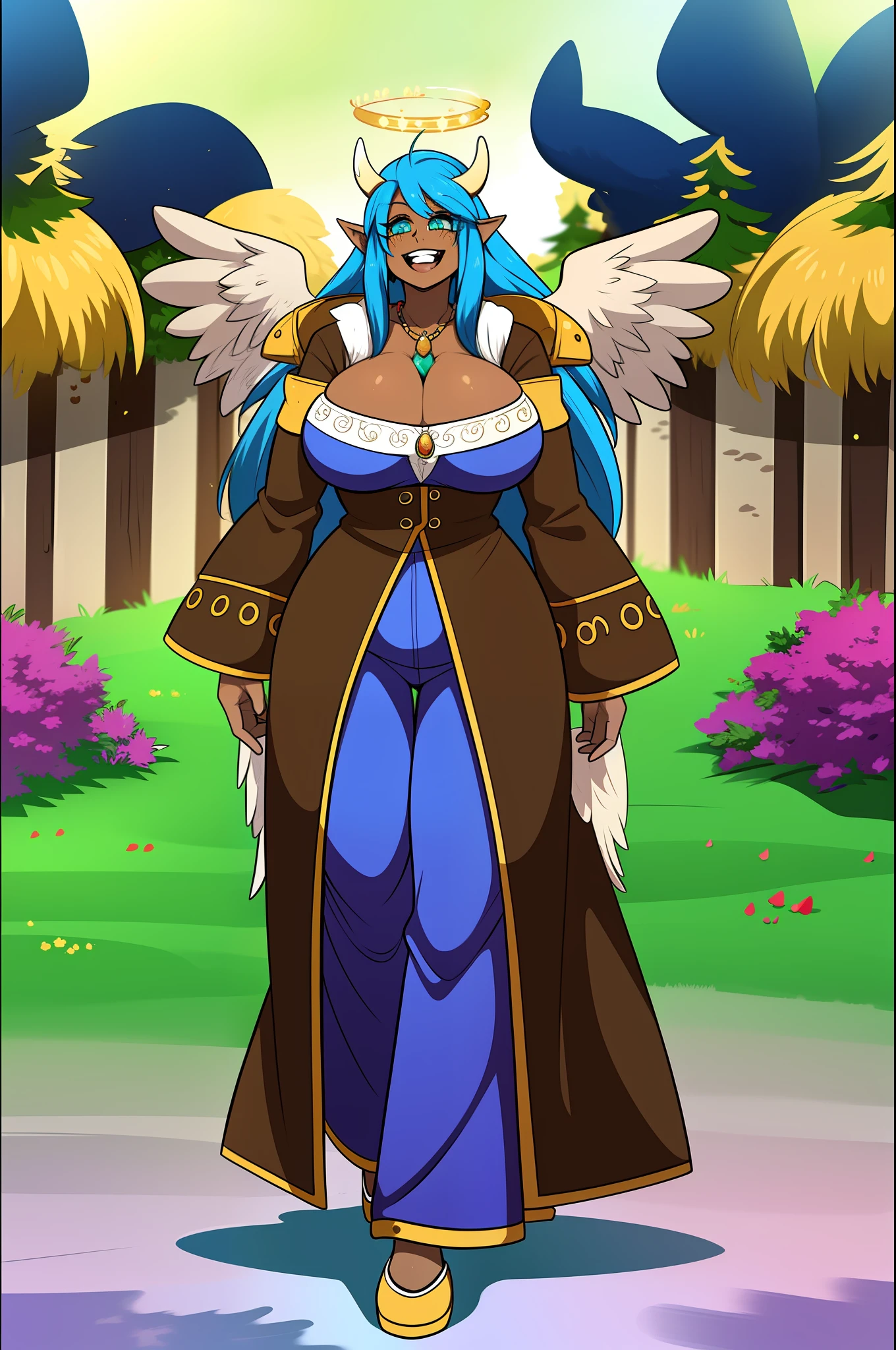 monster girl, dark-skinned woman, big chest, wings, happy,, coat jacket, pants, portrait, 1character, full body, walking, long dress, medieval, village, farm, angel halo, forest,