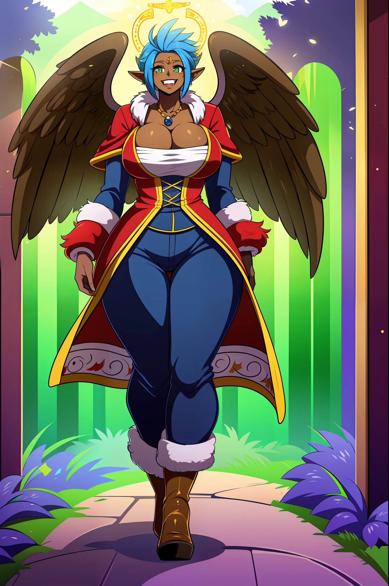 monster girl, dark-skinned woman, big chest, wings, happy,, coat jacket, pants, portrait, 1character, full body, walking, long dress, medieval, village, farm, angel halo, forest,
