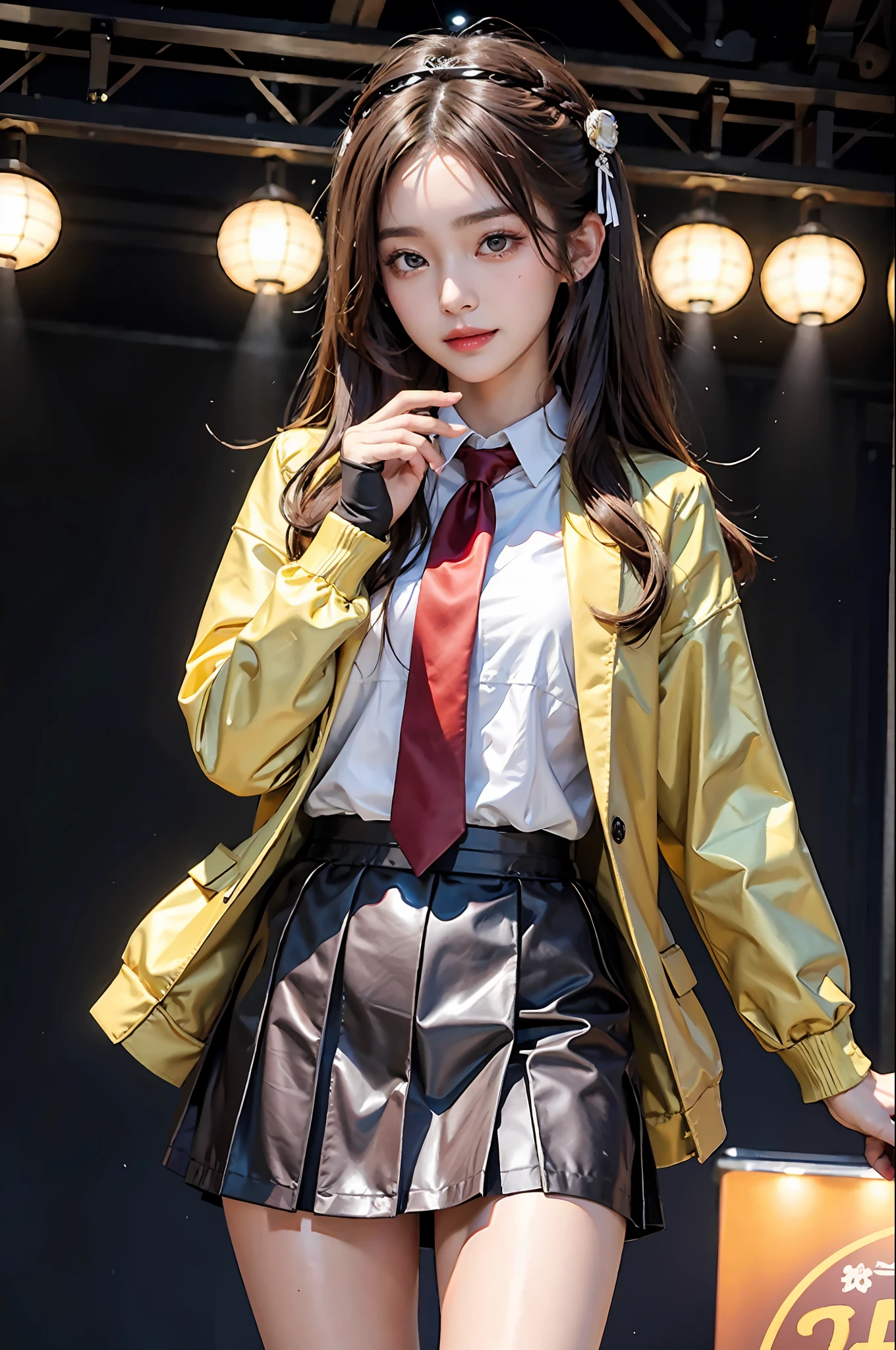 Masterpiece, best picture quality, one beautiful girl, detailed eyes, swollen eyes, brown hair, long hair, fair skin, cute, cute legs, short skirt, Japanese woman, Asian beauty, moonlight, strong eyes, professional lighting, bright lighting, double eyelids, slender, Japanese woman, Asian beauty, idol, checked jacket, checked short skirt, ribbon shaped tie, smile, sweat, fresh, live stage, hairpiece, Japanese idol costume,