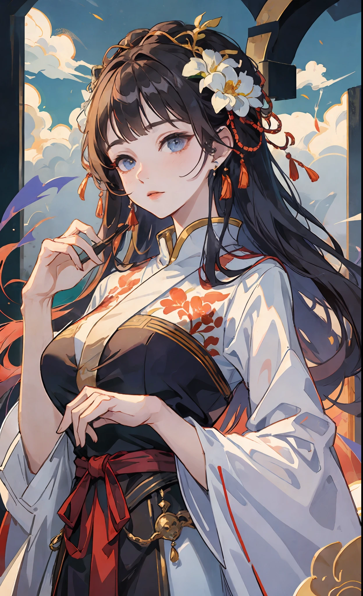 A girl, ancient Chinese costume, whole body, sunshine, clear face, clean white background, masterpiece, super detail, epic composition, ultra HD, high quality, extremely detailed, official art, uniform 8k wallpaper, super detail, 32k