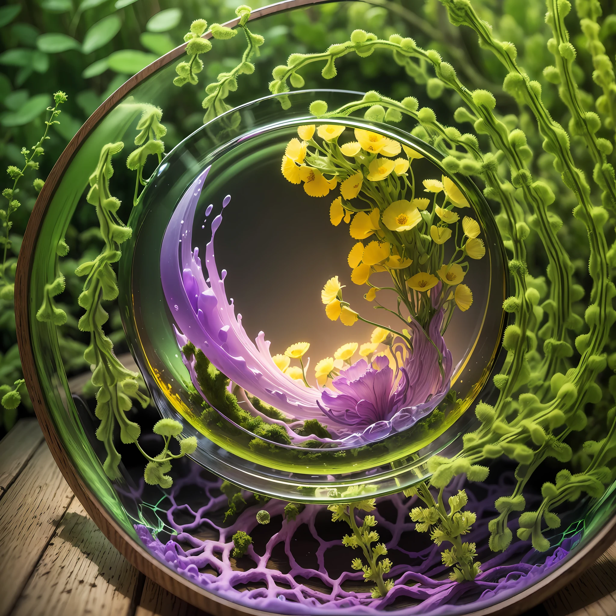 Computer Visualized Graphics, Realistic Fantasy, Extensive Landscape Ultrasound Photography (general view showing a glass glass, roots braiding the glass, sansevierias inside, wood, moss), blurred background, gloomy, yellow, green, purple background, pink, warm, magic --auto --s2