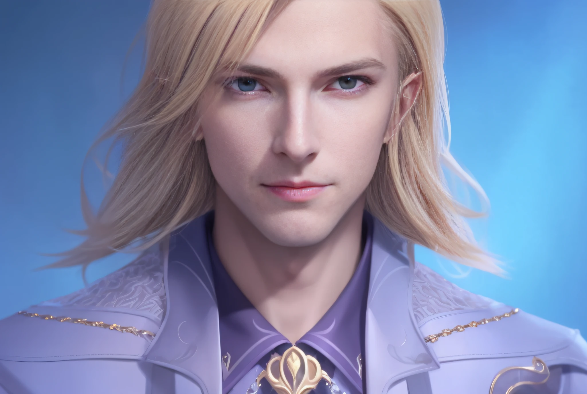 Close-up of a blonde man in purple jacket, prince, XQC, portrait of the magical blonde prince, handsome guy in demon killer art, exquisite androgynous prince, fantasy male portrait, beautiful male elf, portrait of male elf, portrait of fin wild cloak, handsome prince, Alsen Lupin as paladin