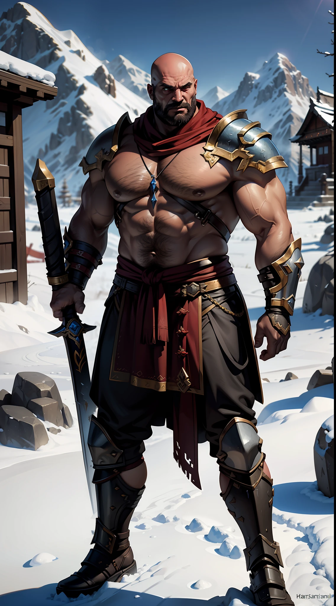 A barbarian that fits the design of Blizzard's Diablo characters, male, masterpiece, Ultra HD, Dark style, Strong muscles, Best Shadows, Backlight, Bald Head, European male, Robust, Fierce, 8K, dual-wielding weapon, surrealism, realistic skin, samurai heavy armor, snowy mountains in Tibet, Tibetan Buddhism, inside temples, snowy mountains outside, ritual sense, heavy sense, detailed face, detailed eyes, blizzard style, Diablo 4 style, real people