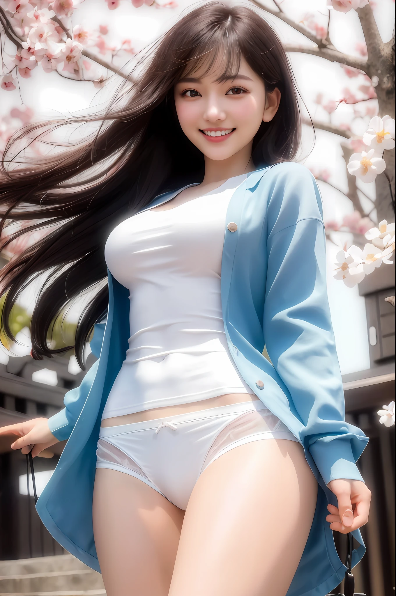 (Photorealistic: 1.4), Masterpiece, Ultra High Resolution, RAW Photo, Best Quality, (Open Smile: 4.0), (Big Smile: 1.5), (White Teeth: 2.0), (Sexy: 1.4), Raw Photo, 1 Beautiful Married Woman Japan 18 years old, Pure White Skin, (Cute: 3.0), (Eyes with Lowered Corners of the Eyes: 2.0), (Large, Round Eyes: 3.0), (Moisturized Eyes: 3.0), ( Upper eye on camera: 3.0), (eyebrows lowered into a figure eight: 2.0), blush, slender, (black short hair: 1.2), bangs down, shirt with breast line clearly protruding, shirt with open chest, (ultra short miniskirt: 1.4), (exposed thighs: 1.4), transparent crotch, panties,