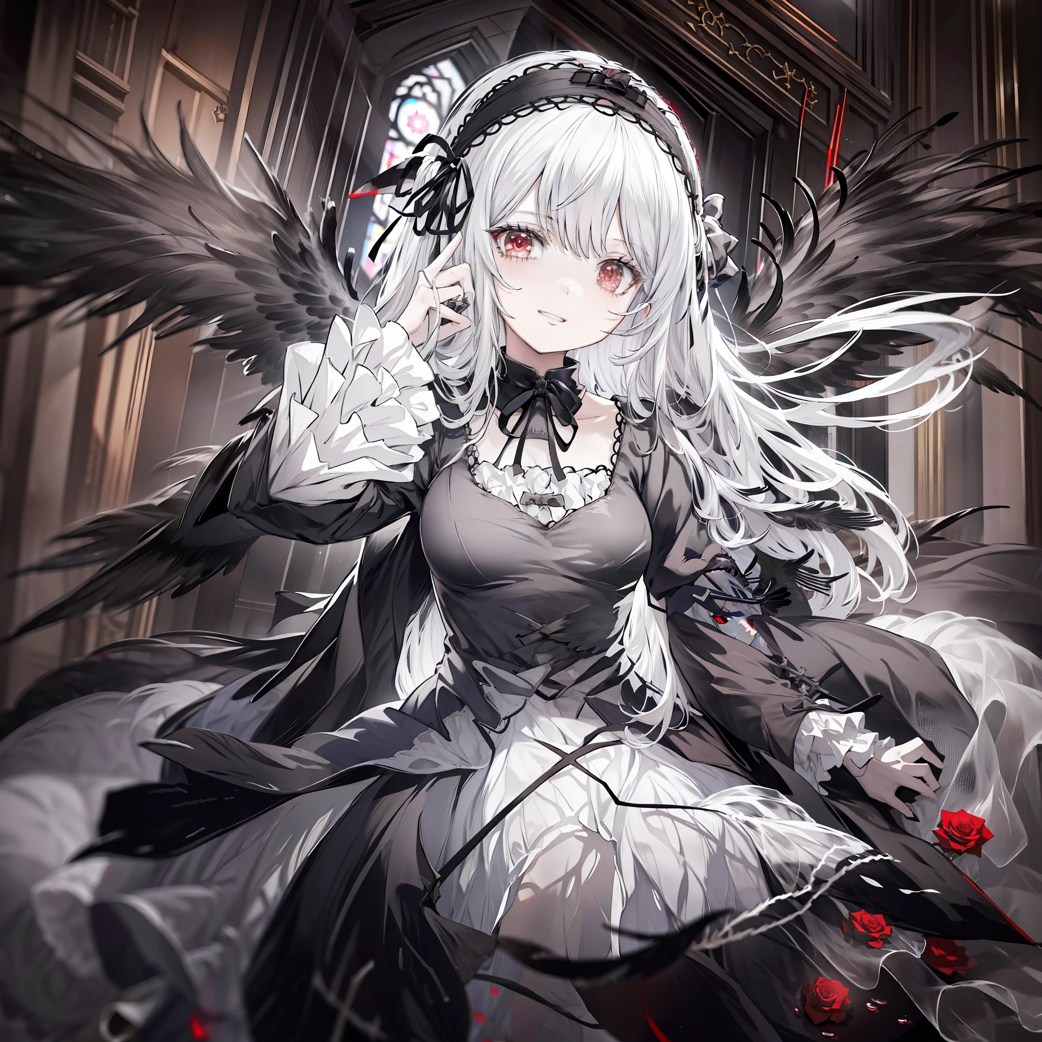 masterpiece, best quality, highres, sui1, 1girl, solo, suigintou, red eyes, long hair, gothic dress, white hair, rose hair ornament, long sleeves, gothic hairband, ribbon, black dress, black wings, cowboy shot, command spell, black magic, black circle,([grinning evily]), church, engraving