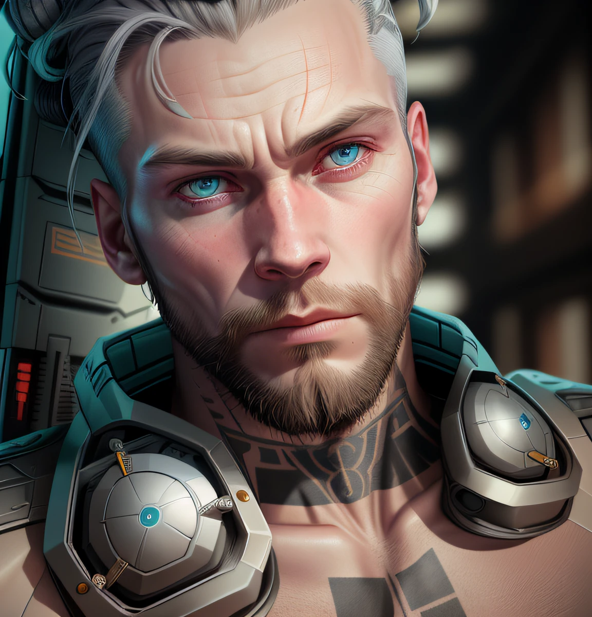 A cybernetic viking man in the range of 27 years old, barbaric muscular stereotype, with Viking wolf fur coat (Viking mechanical parts: 1.5), fighting, bright shadow eyes, short hair, tight supersuit torn, in a destroyed city, smoke and fire, aura of brilliant power, dynamic pose, dynamic vision, hyper detailed, 8k quality, with tattoo on the arm, Clock of thorns in the chest and in the headset, merge images, hyper realism. Enjoy original photo base, mechanical and human bust with Viking coat of arms thorns. With gray goatee and gray hair.