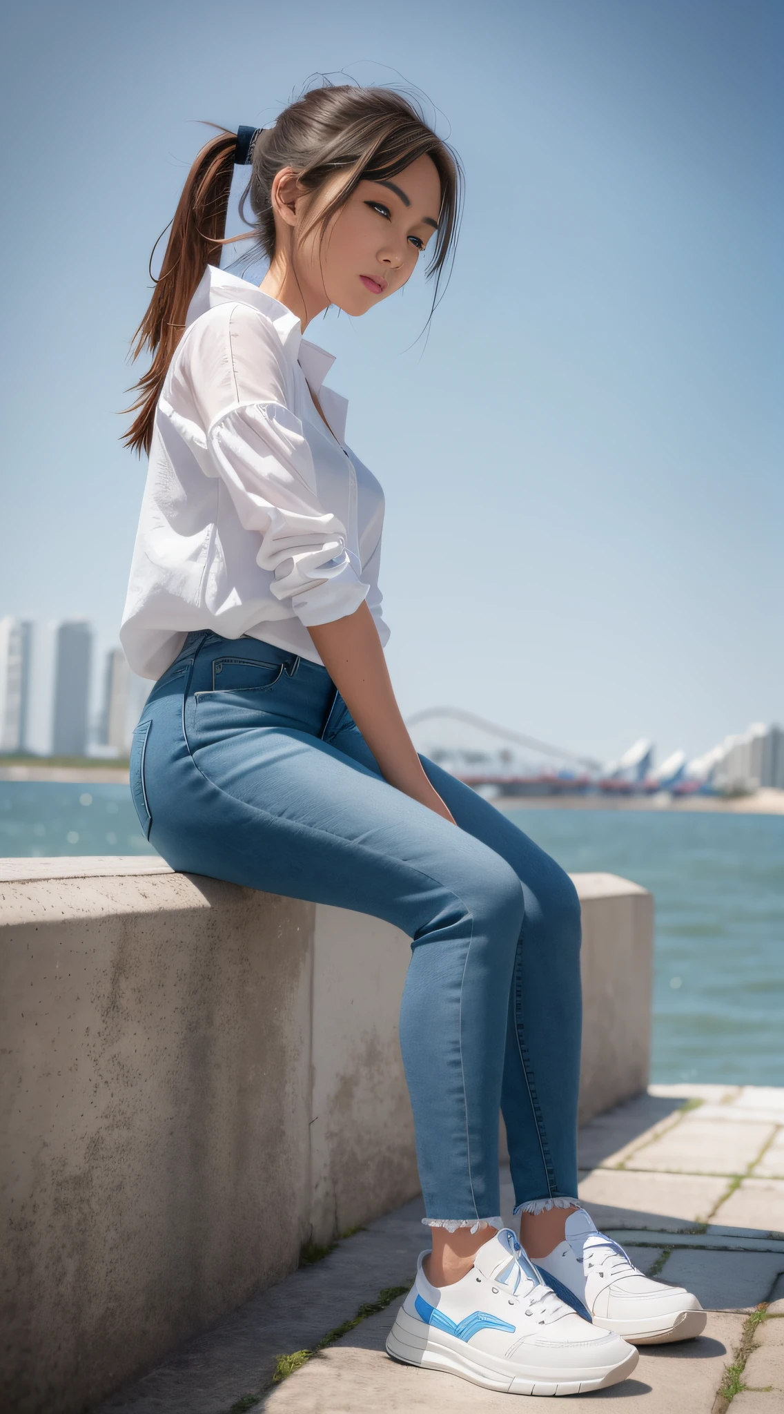 A girl in a soaked white shirt, blue skinny denim trousers, sneakers sitting by the sea (front)