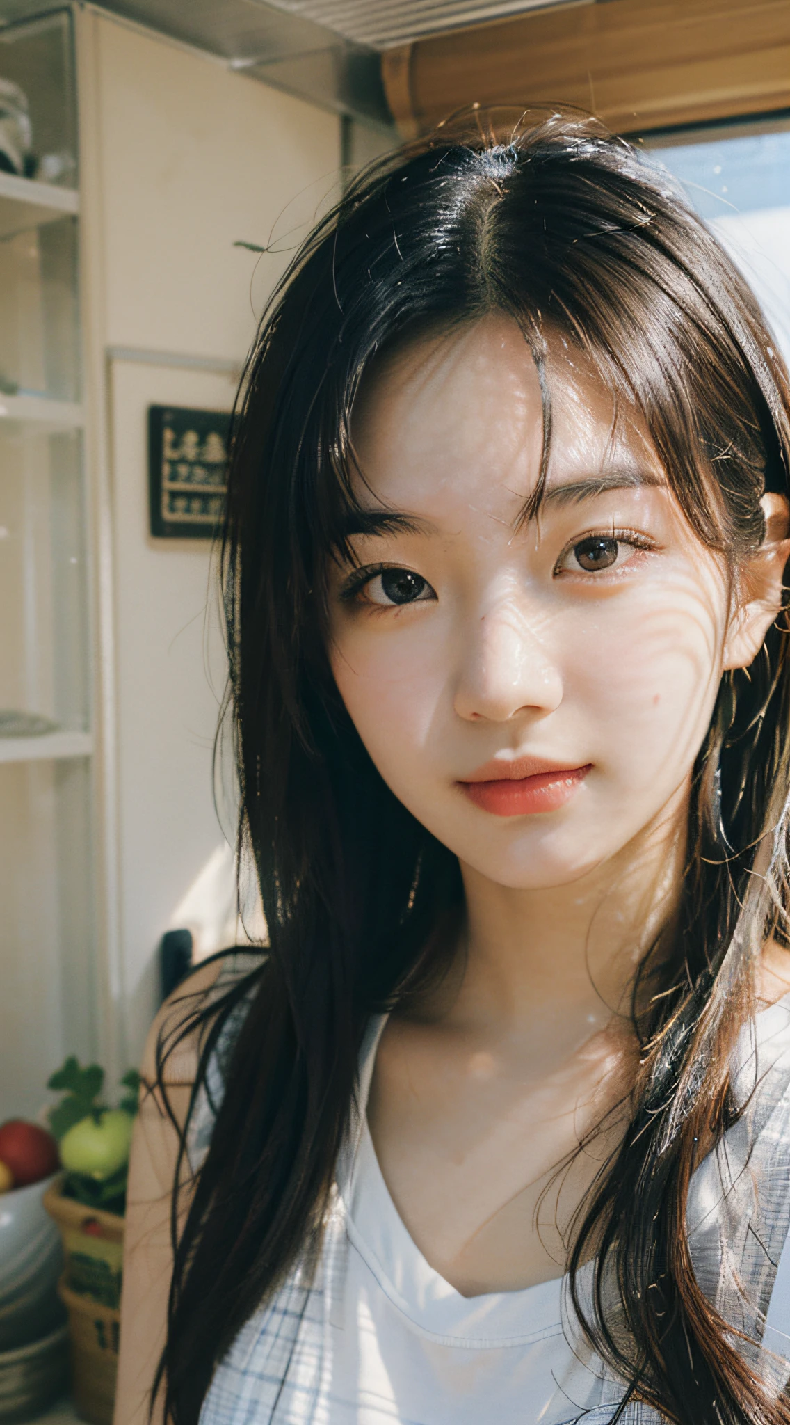 Best quality, masterpiece, super high resolution, (realistic: 1.4), original photo, wallpaper, head photo, skin, simple background, black eyes, detail, selfie, 1 girl, 18 years old, breeze, sunshine, kitchen, fruit