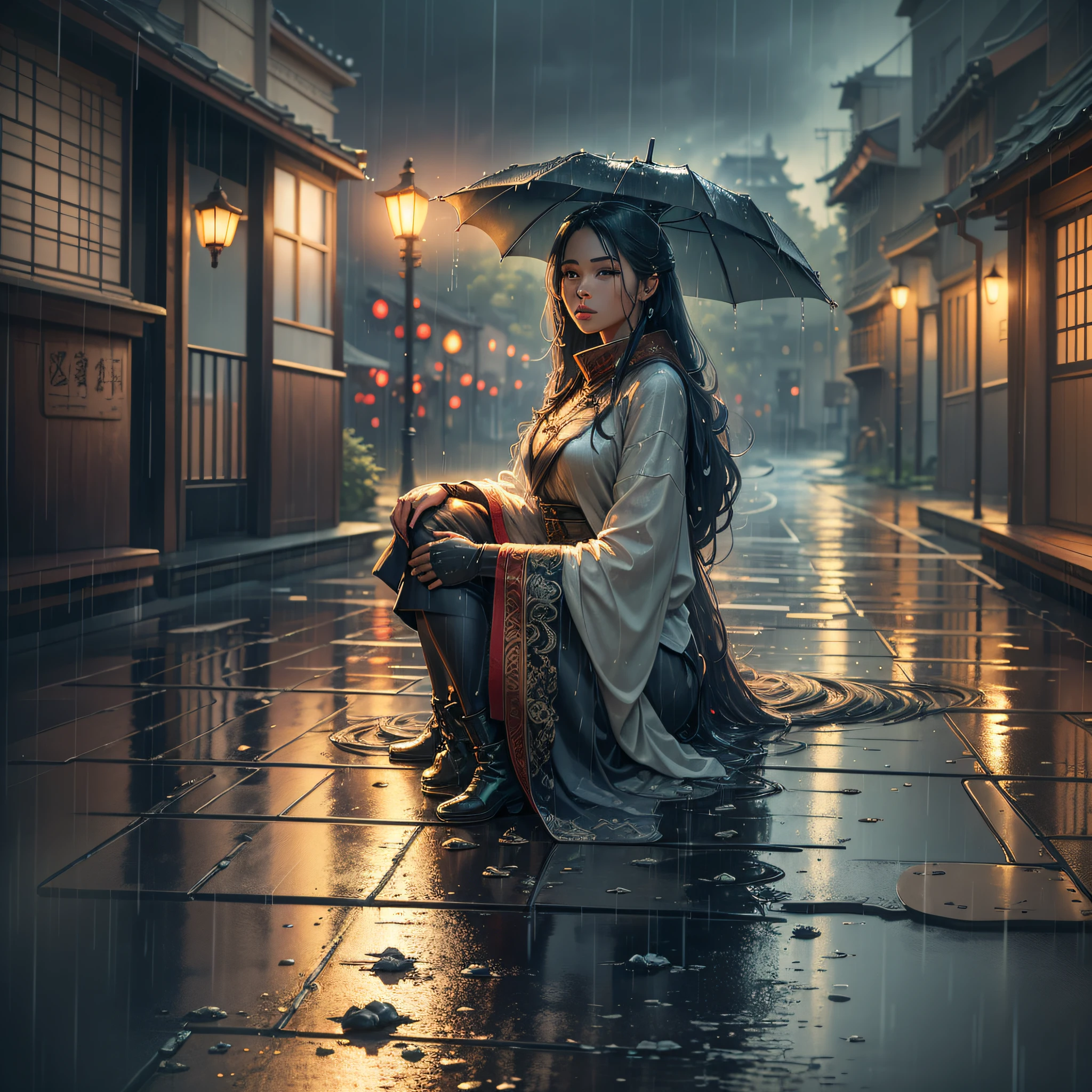 There is a woman sitting cross-legged on the bridge, beautiful girl standing in the rain, rain like, no girl after the rain, beautiful lonely girl, under the rain, in the rain, drizzle, rain wet, rain outside, rainy mood, gorgeous lady, drenched, summer rain, washed away in the rain, washed off in the rain chinese beauty, surrealism, shadow, diorama map, tachi-e, pov, atmospheric perspective, vanishing point, 8k, super detail, ccurate, best quality --auto --s2