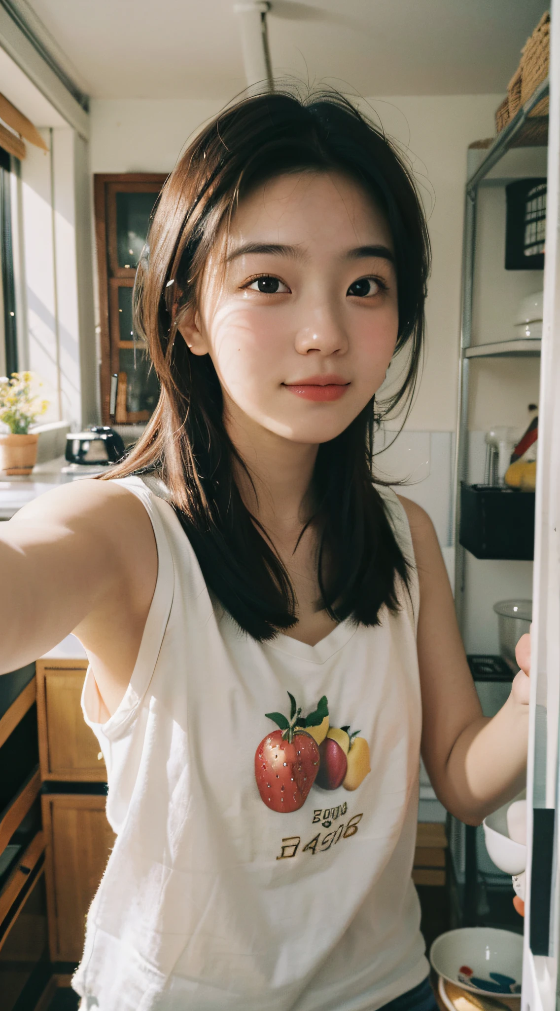 Best quality, masterpiece, super high resolution, (realistic: 1.4), original photo, wallpaper, head photo, skin, simple background, black eyes, detail, selfie, 1 girl, 18 years old, breeze, sunshine, kitchen, fruit