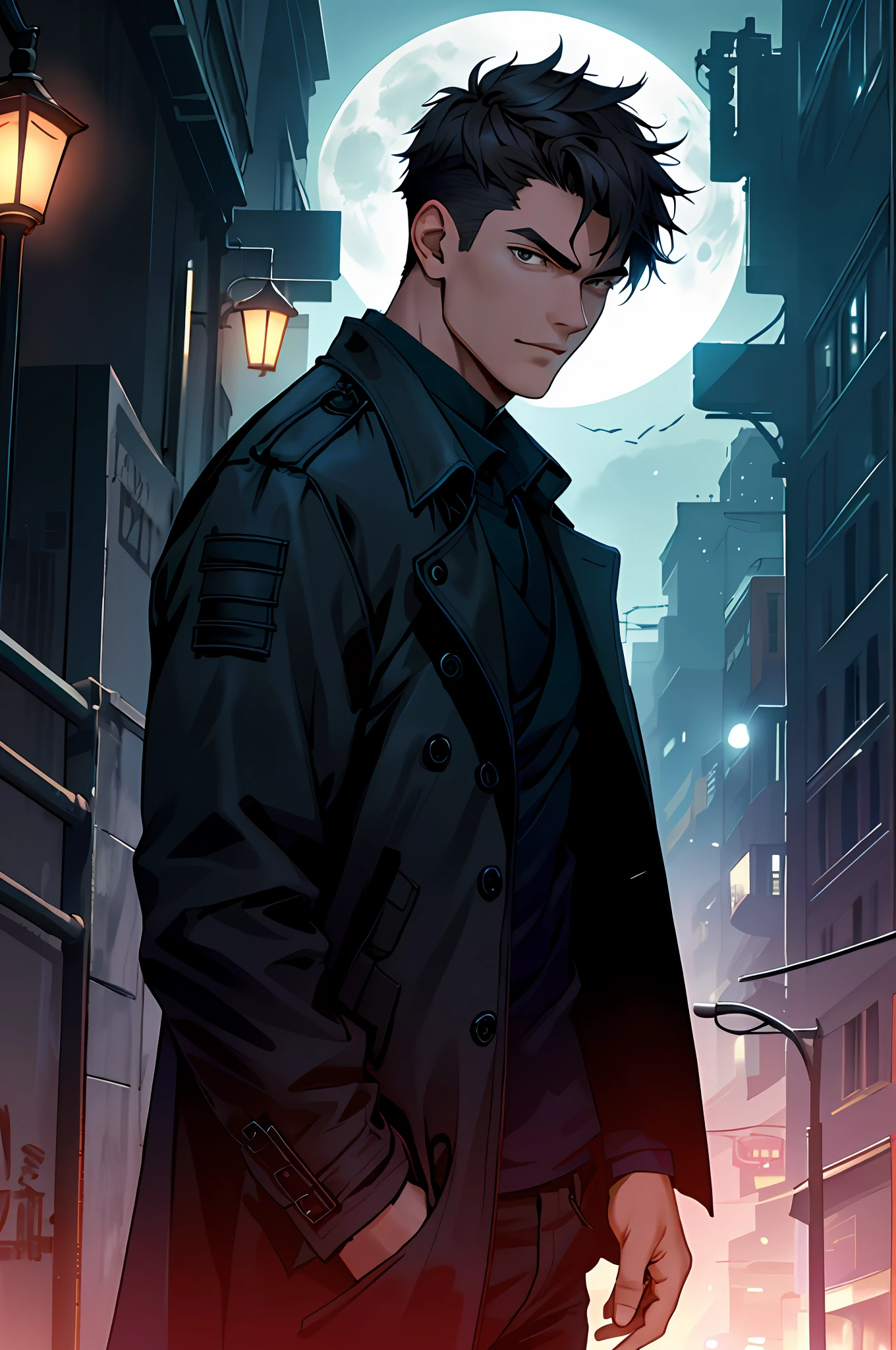 2D, Two-dimensional, Short hair, male, (1 boy), (solo), youth, handsome, handsome, black jacket trench coat, dark city at night, strong sense of light, moonlight, bust, portrait