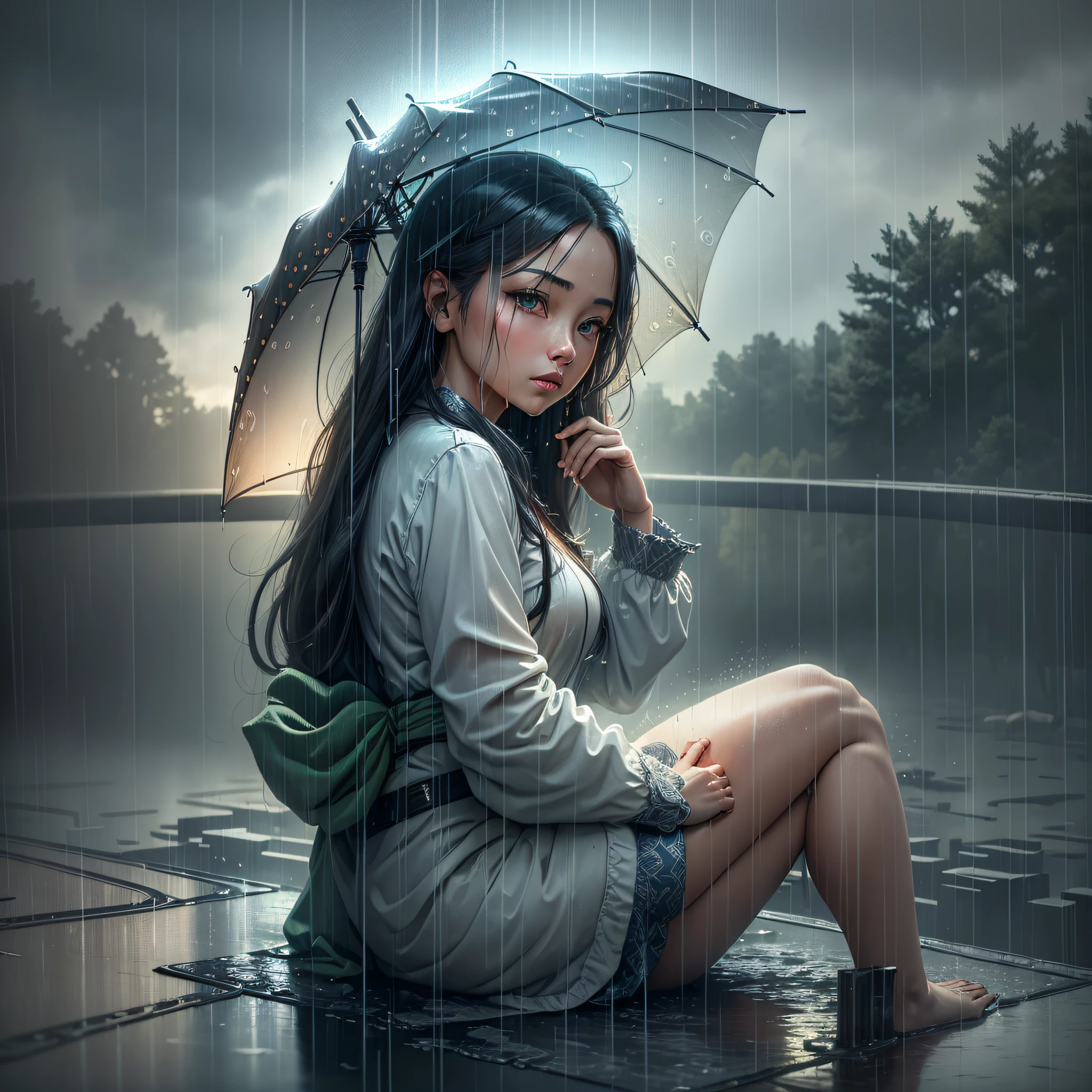 There is a woman sitting cross-legged on the bridge, beautiful girl standing in the rain, rain like, no girl after the rain, beautiful lonely girl, under the rain, in the rain, drizzle, rain wet, rain outside, rainy mood, gorgeous lady, drenched, summer rain, washed away in the rain, washed off in the rain chinese beauty, surrealism, shadow, diorama map, tachi-e, pov, atmospheric perspective, vanishing point, 8k, super detail, ccurate, best quality --auto --s2