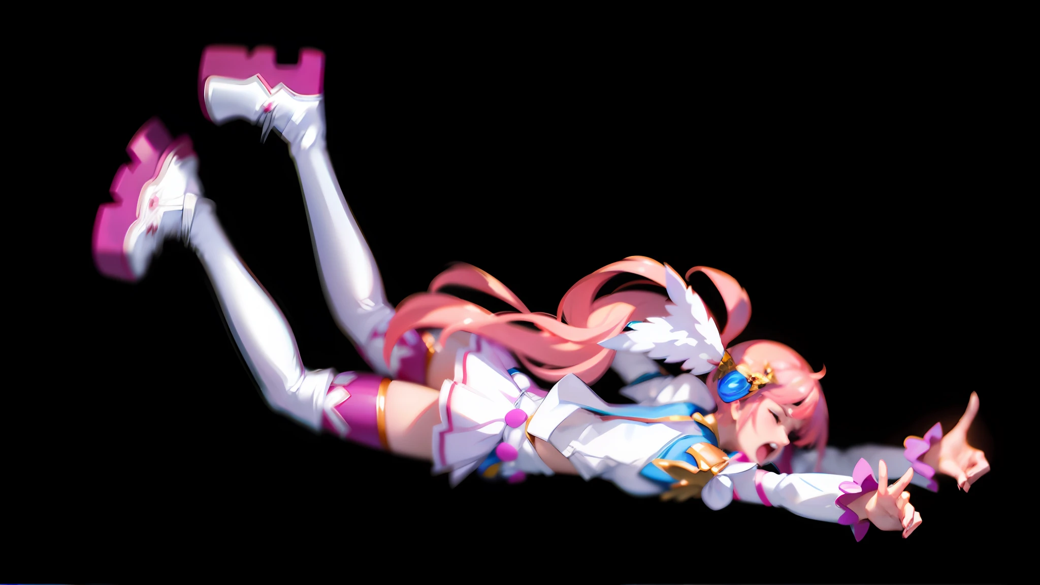 (lora:QuickHand:1.2), (Masterpiece: 1.5), (Best quality: 1.5), 8k, (Perfect Hand: 1.5), 1 girl, Perfect hand, (closed eyes: 1.5), open mouth, scream, pink hair, single ponytail, white top, pink pleated skirt, pink over-the-knee socks, white long boots, (no background: 1.5), skinny legs, fall
