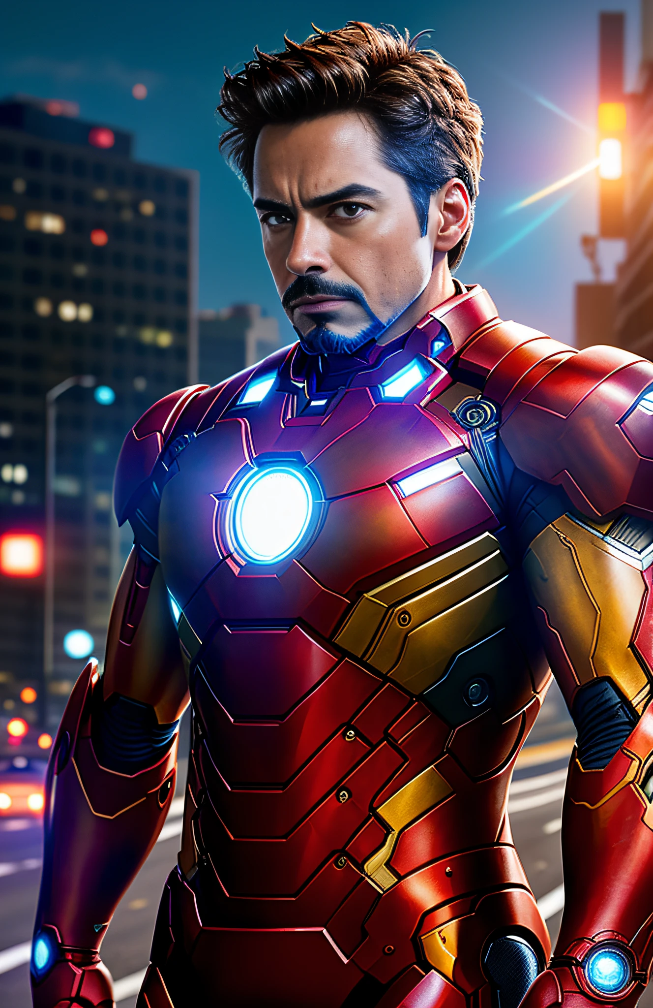 portrait photography Iron Man ((Marvel)), Tony Stark looking out of camera in bright futuristic jacket, super realistic face, eyes visible through hair, proper eye position, natural skin, soft light, rim light, hips, on the side of the road, detailed background, intricate, highly detailed, octane render, HD, 8k, by Annie Leibovitz, 120mm