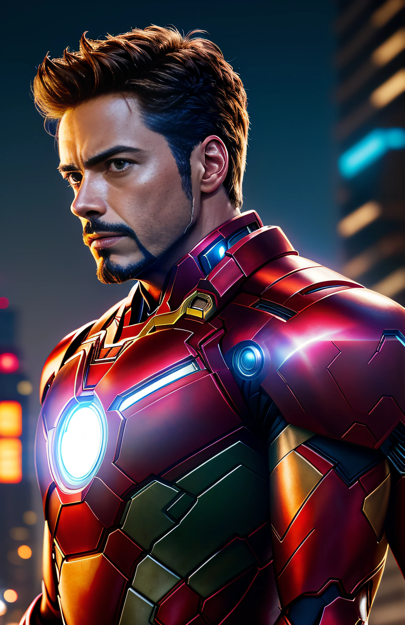 portrait photography Iron Man ((Marvel)), Tony Stark looking out of camera in bright futuristic jacket, super realistic face, eyes visible through hair, proper eye position, natural skin, soft light, rim light, hips, on the side of the road, detailed background, intricate, highly detailed, octane render, HD, 8k, by Annie Leibovitz, 120mm