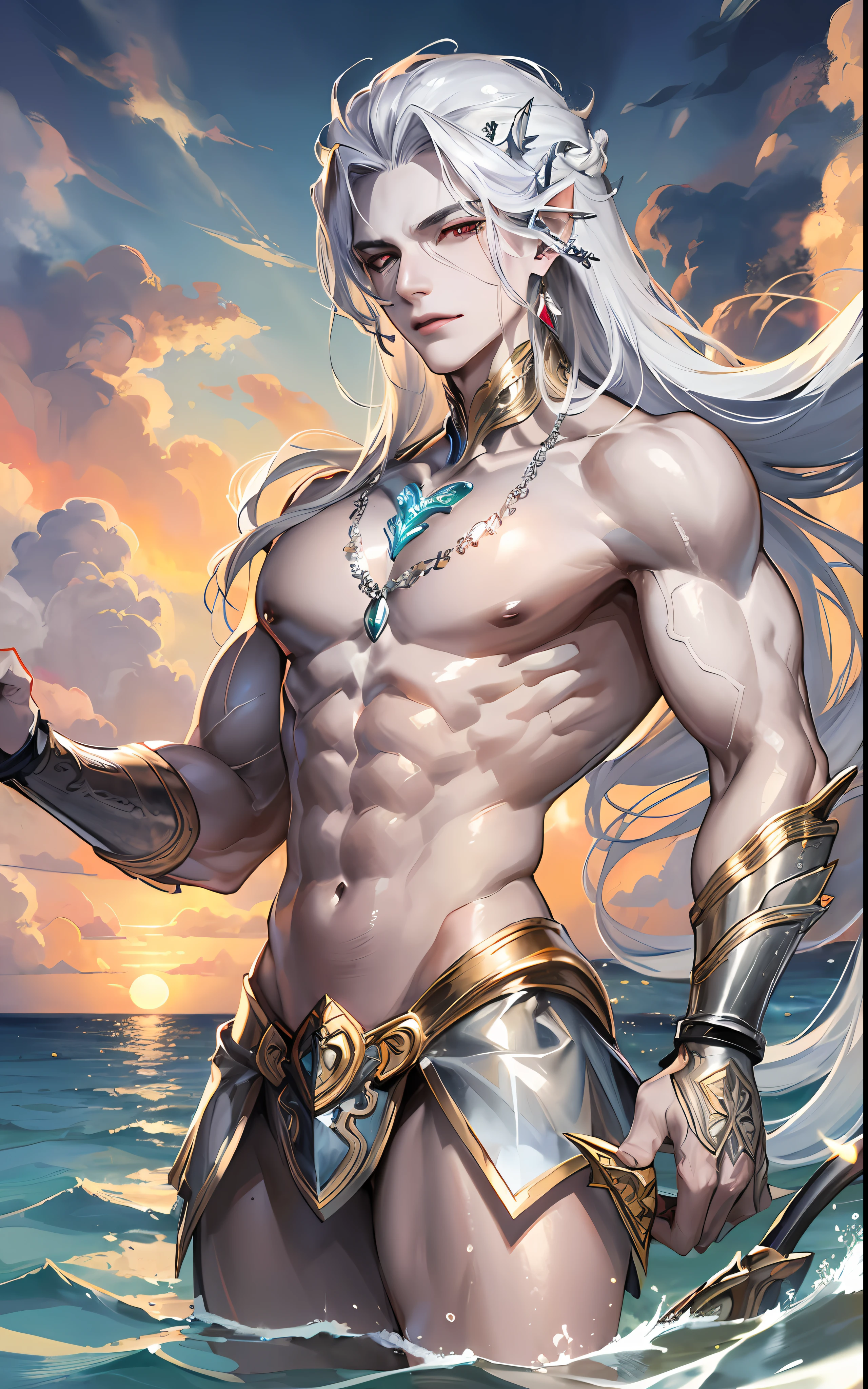 man, masculine, masculine face, attractive, muscular, (((1man))), masterpiece, absurdres, best quality ,intricate details , (shiny skin, shiny body, shiny oily luster skin, shiny hair, pale skintone), Sundown, attractive, ((muscular)), adult, one, earrings, Don't look at the view , Not looking at the view, silver hair, braided hair, perfect detailed face, perfect detailed hands, triton, fins, red eyes, triton ears, ((MLS)), smirk, medium large shoot, marine ornaments, sea in the background, ((in the water)), open chest, mermaid tail