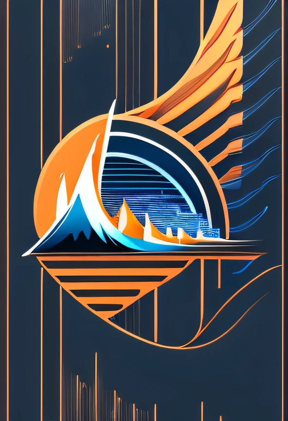 Logo with city text, wave line art logo, black and dark blue background, bright blue, bright orange, minimum and pure — bamboo, simple, super detailed, detailed drawing, vectorization, outline, 8k. --auto --s2